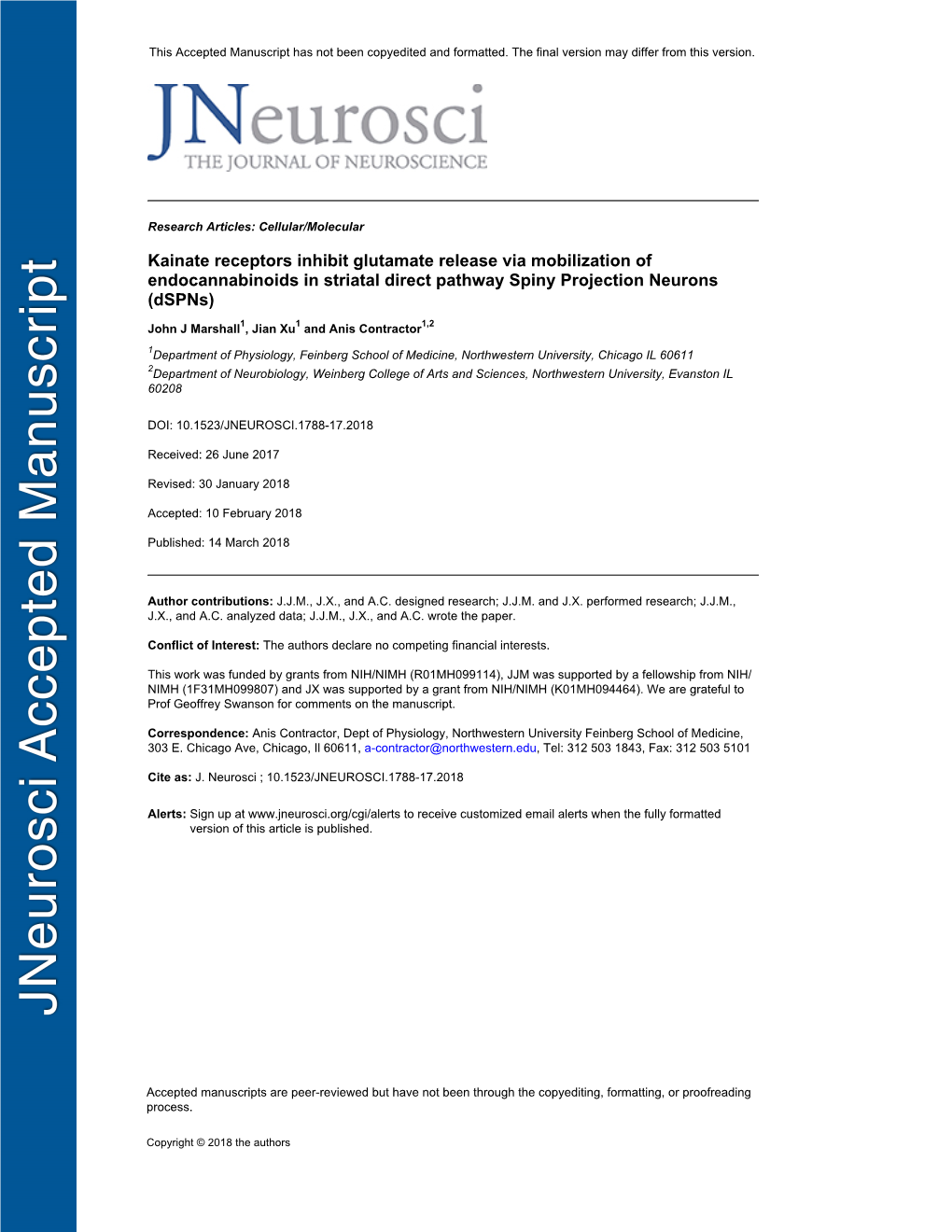 Kainate Receptors Inhibit Glutamate Release Via Mobilization of Endocannabinoids in Striatal Direct Pathway Spiny Projection Neurons (Dspns)