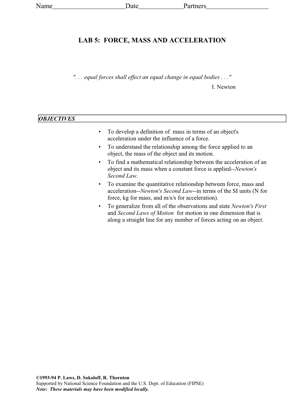 Lab 5: Force, Mass and Acceleration