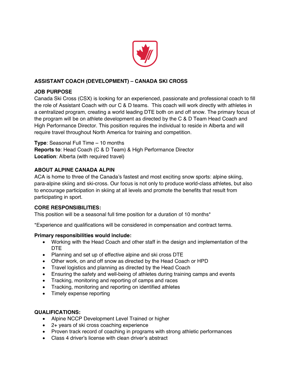 Assistant Coach (Development) – Canada Ski Cross
