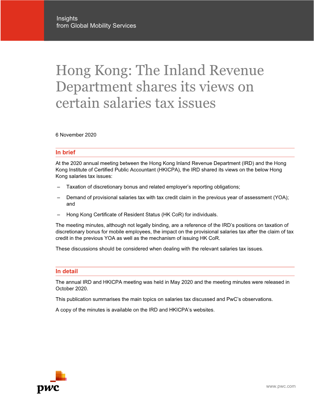 Hong Kong: the Inland Revenue Department Shares Its Views on Certain Salaries Tax Issues