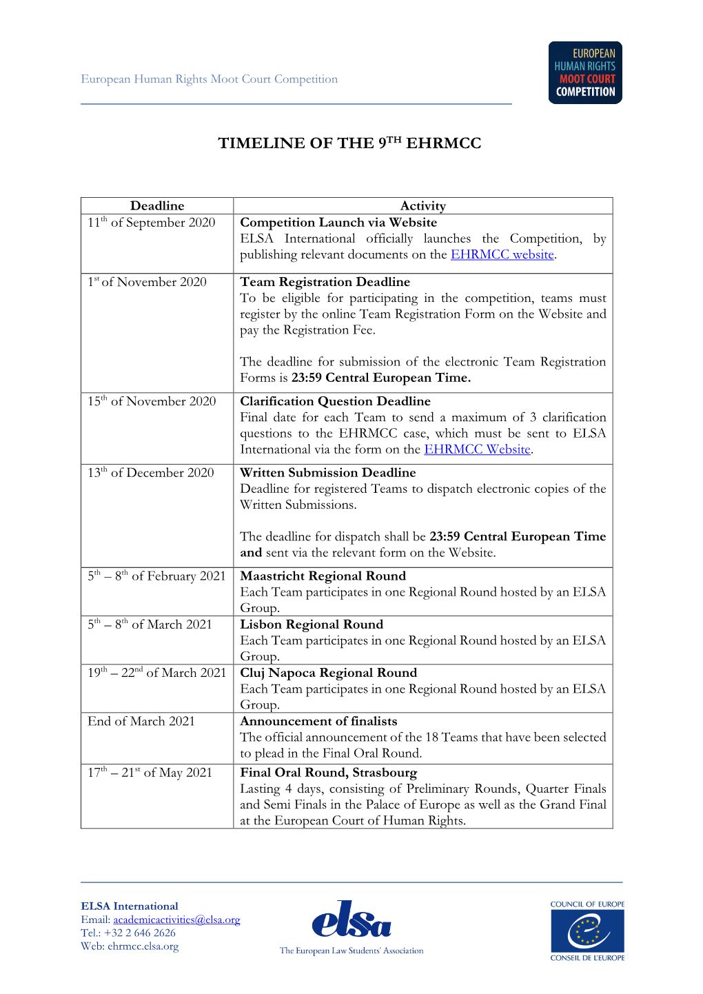 Timeline of the 9Th Ehrmcc