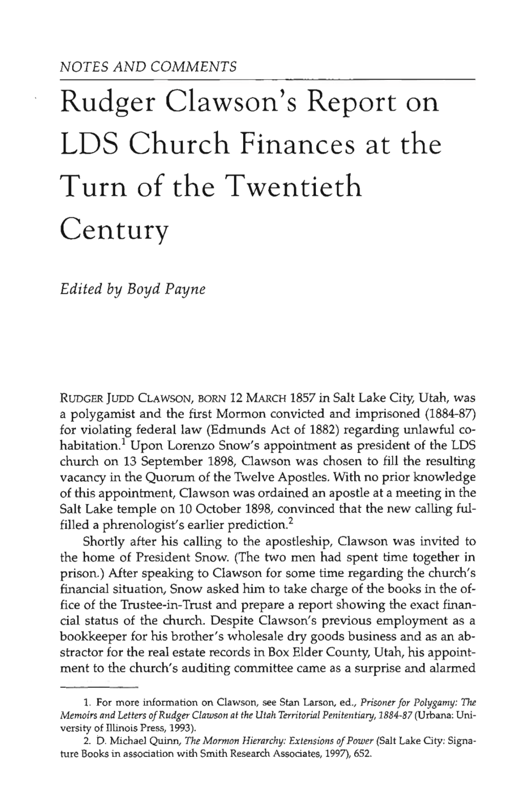 Rudger Clawson's Report on LDS Church Finances at the Turn of the Twentieth Century