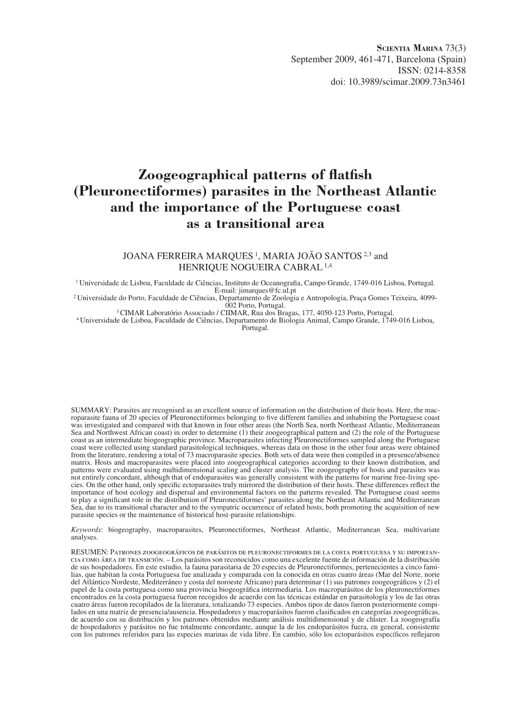 (Pleuronectiformes) Parasites in the Northeast Atlantic and the Importance of the Portuguese Coast As a Transitional Area