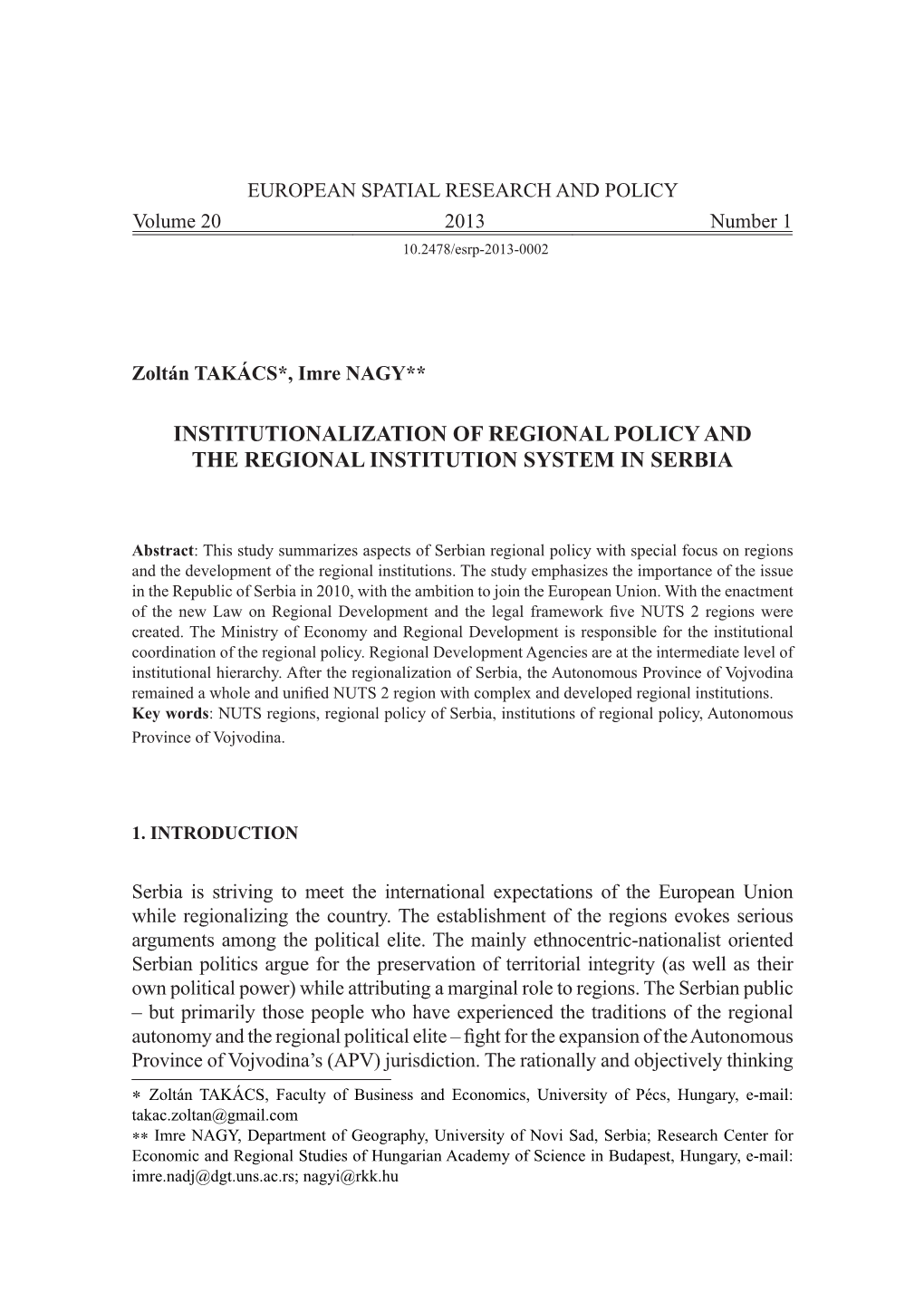 Institutionalization of Regional Policy and the Regional Institution System in Serbia