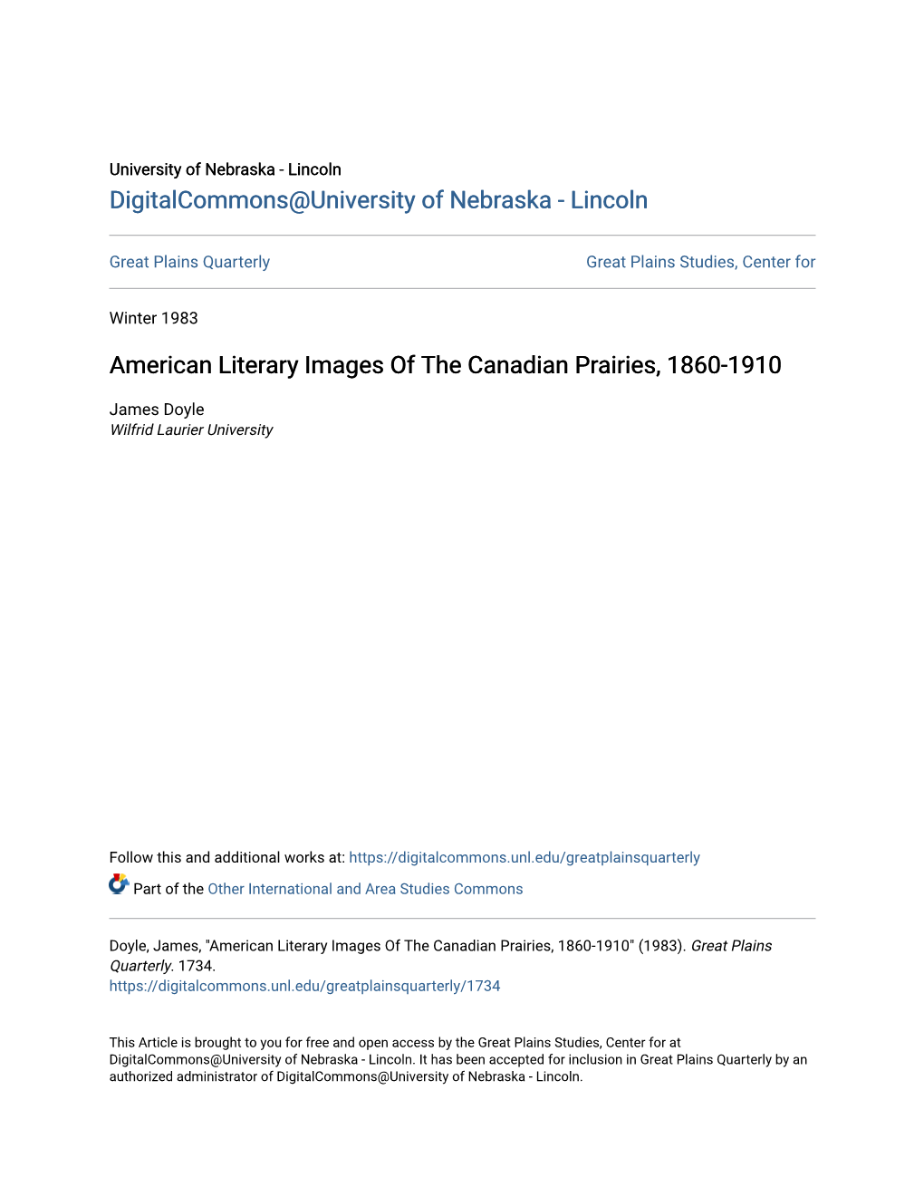 American Literary Images of the Canadian Prairies, 1860-1910