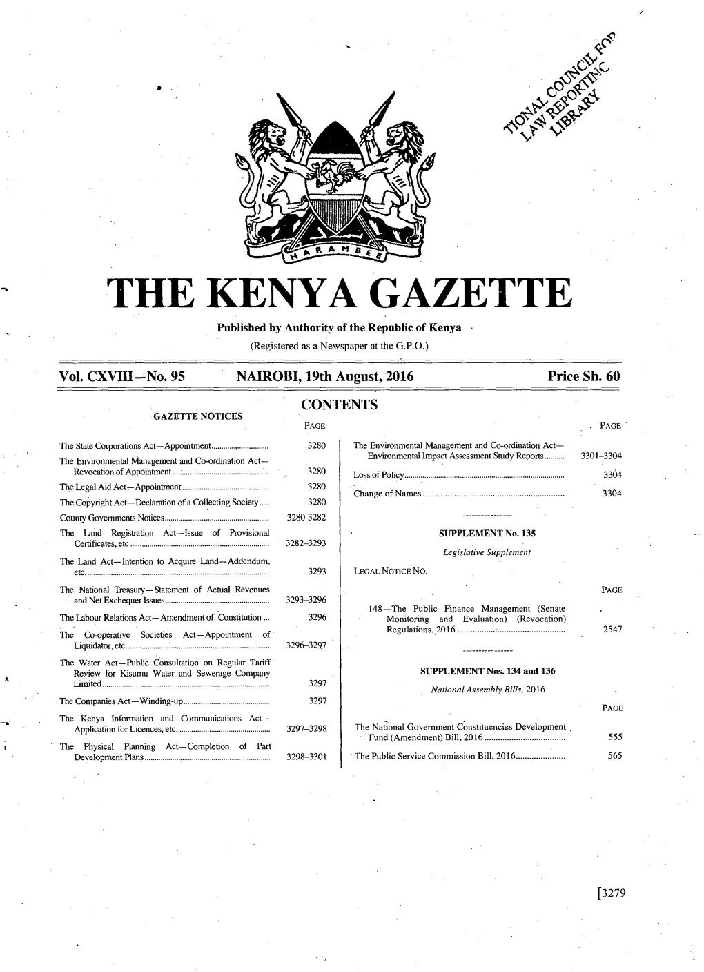 THE KENYA GAZETTE Published by Authority of the Republic of Kenya (Registered As a Newspaper at the G.P.O.)