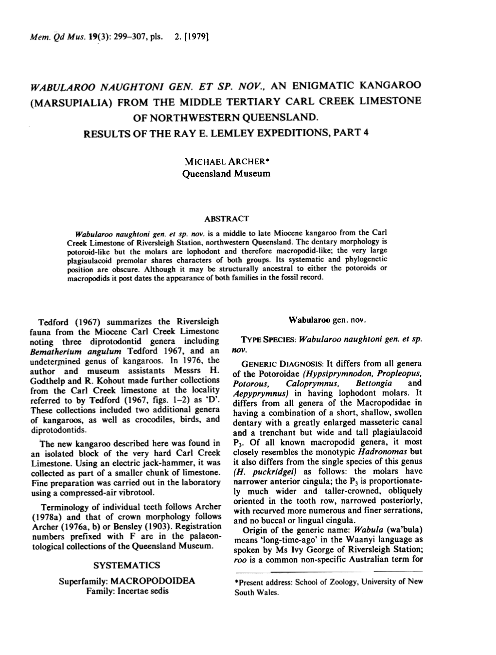 W ABULAROO NAUGHTONI GEN. ET Spo Novo, an ENIGMA TIC KANGAROO (MARSUPIALIA) from the MIDDLE TERTIARY CARL CREEK LIMESTONE OF