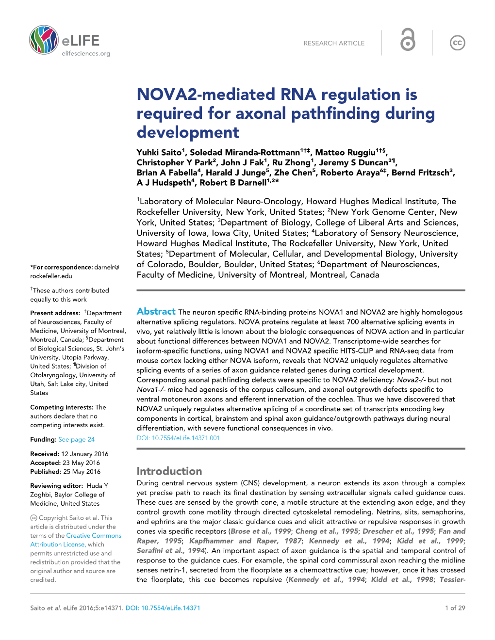 NOVA2-Mediated RNA Regulation Is Required for Axonal Pathfinding