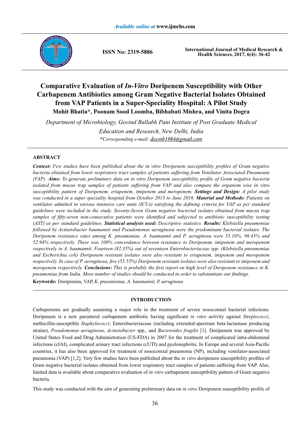 Comparative Evaluation of In-Vitro Doripenem Susceptibility with Other Carbapenem Antibiotics Among Gram Negative Bacterial Isol