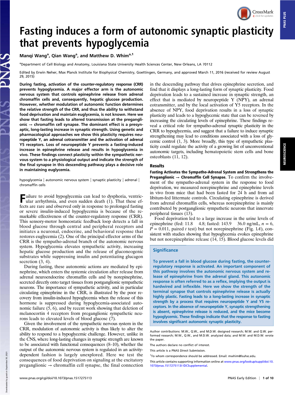 Fasting Induces a Form of Autonomic Synaptic Plasticity That Prevents