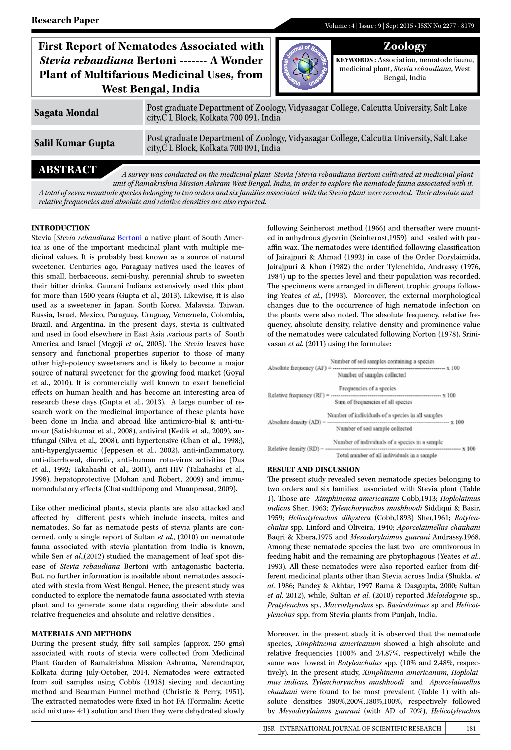 Zoology First Report of Nematodes Associated with Stevia Rebaudiana Bertoni