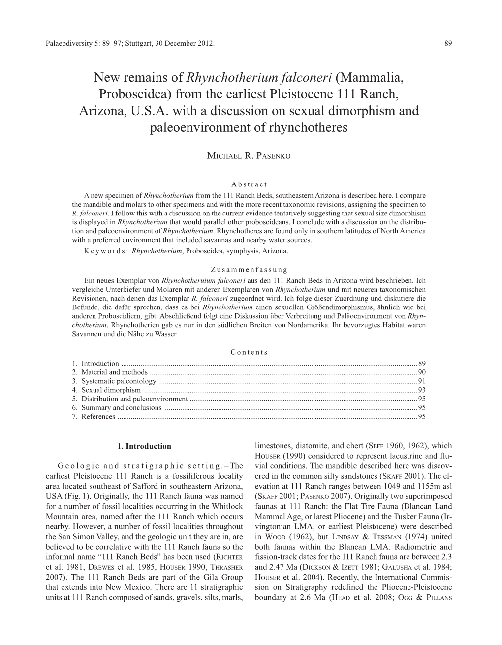 New Remains of Rhynchotherium Falconeri (Mammalia, Proboscidea) from the Earliest Pleistocene 111 Ranch, Arizona, U.S.A