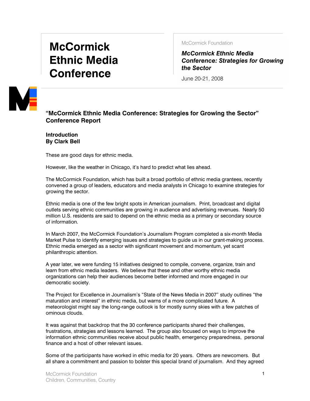Mccormick Ethnic Media Conference: Strategies for Growing the Sector” Conference Report