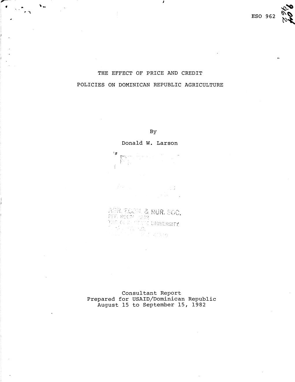 The Effect of Price and Credit Policies on Dominican Republic Agriculture