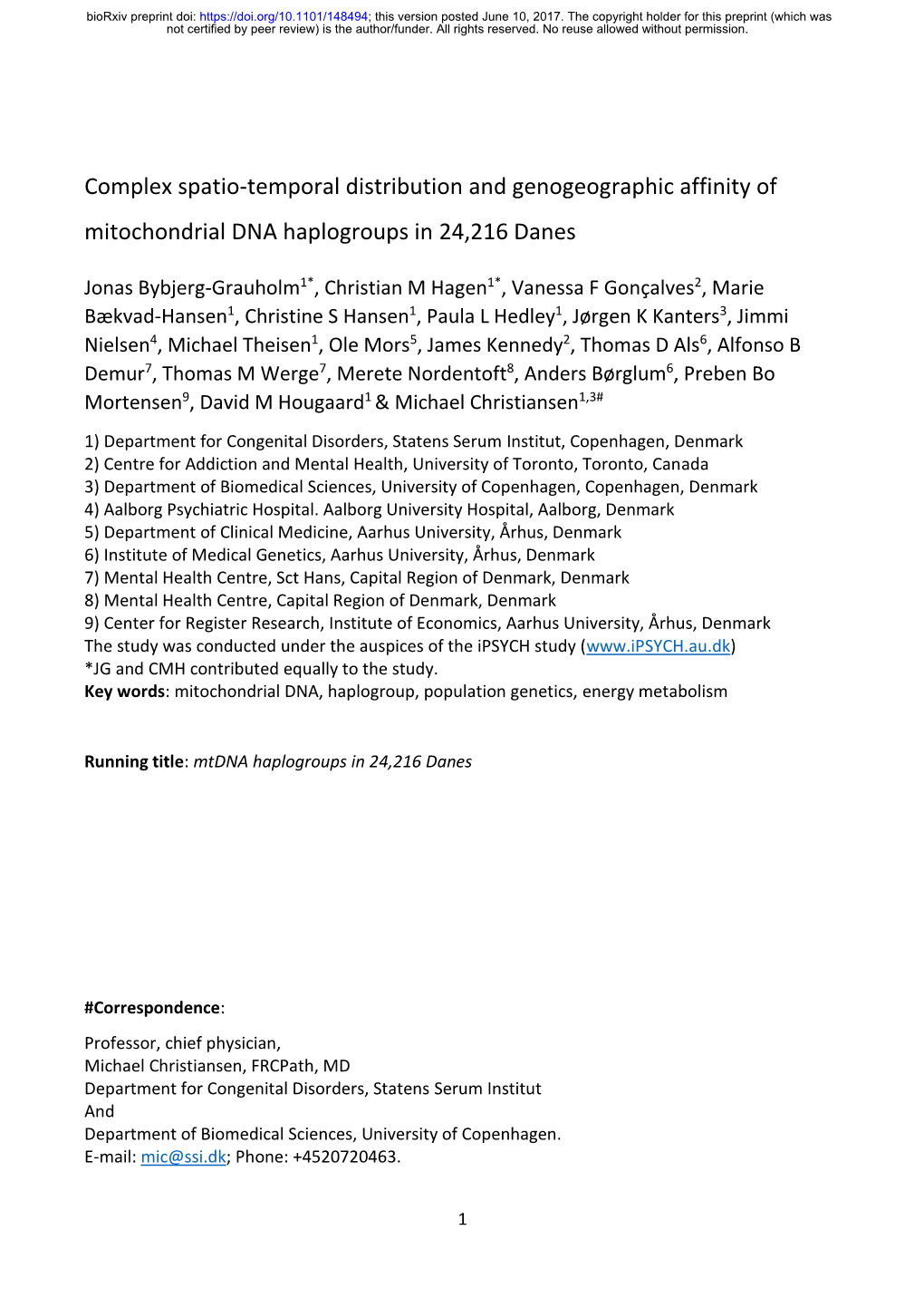 Complex Spatio-Temporal Distribution and Genogeographic Affinity of Mitochondrial DNA Haplogroups in 24,216 Danes