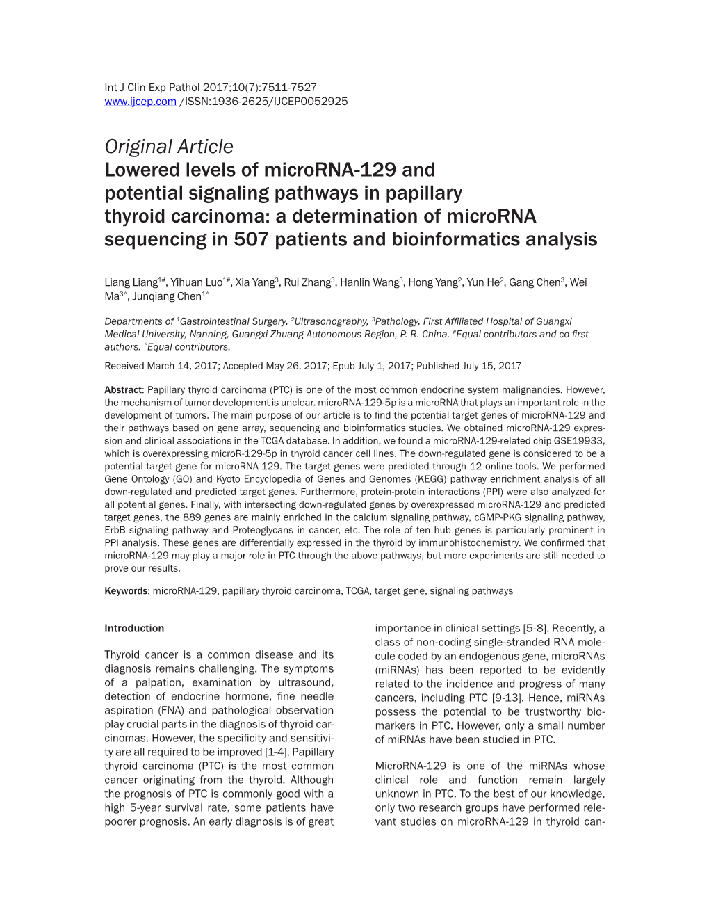 Original Article Lowered Levels of Microrna-129 and Potential