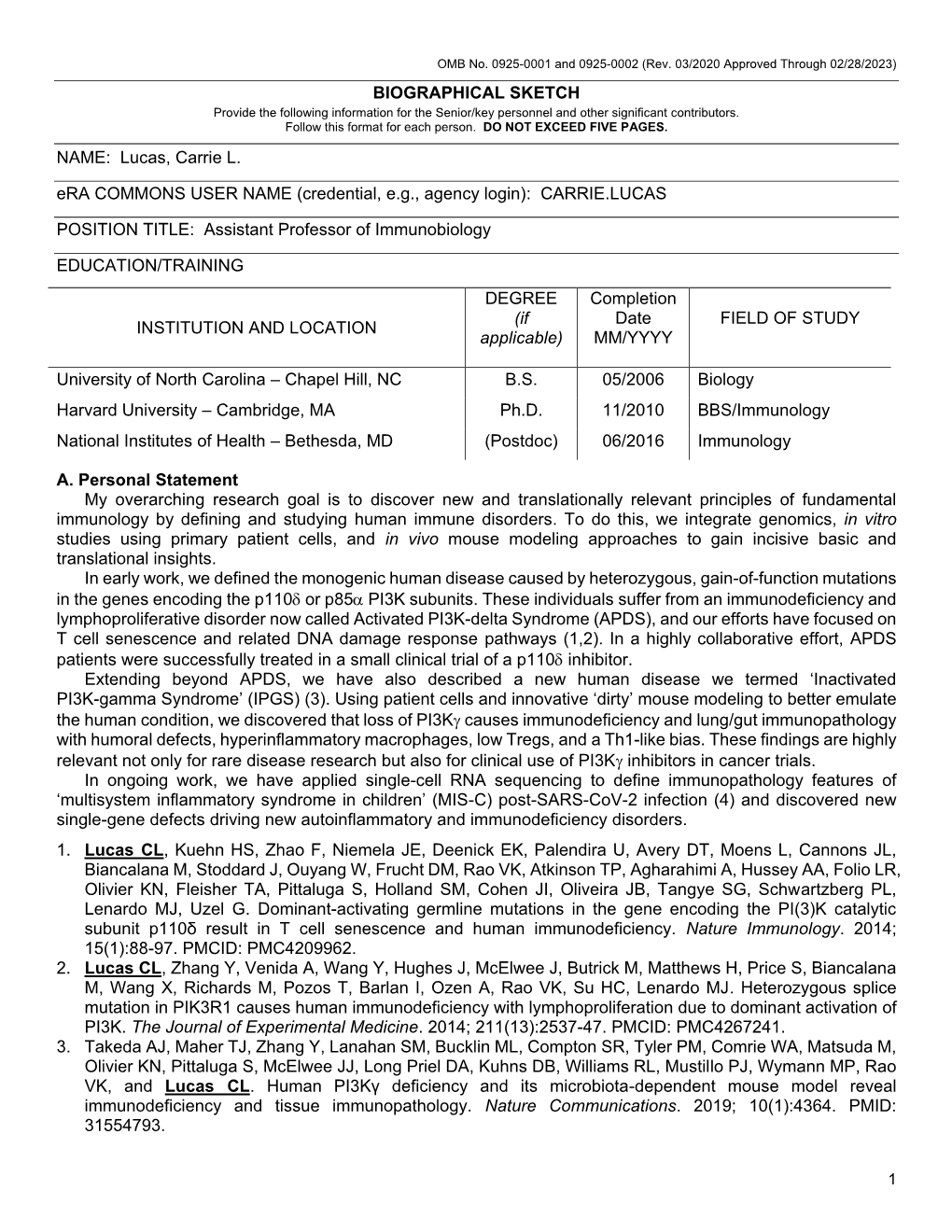 OMB No. 0925-0046, Biographical Sketch Format Page