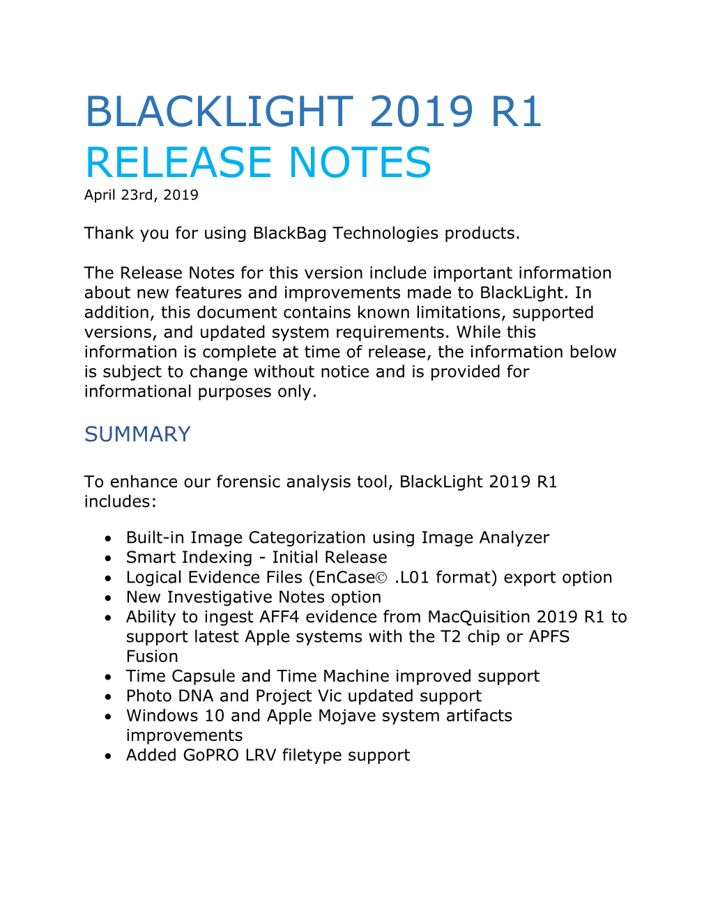 BLACKLIGHT 2019 R1 RELEASE NOTES April 23Rd, 2019