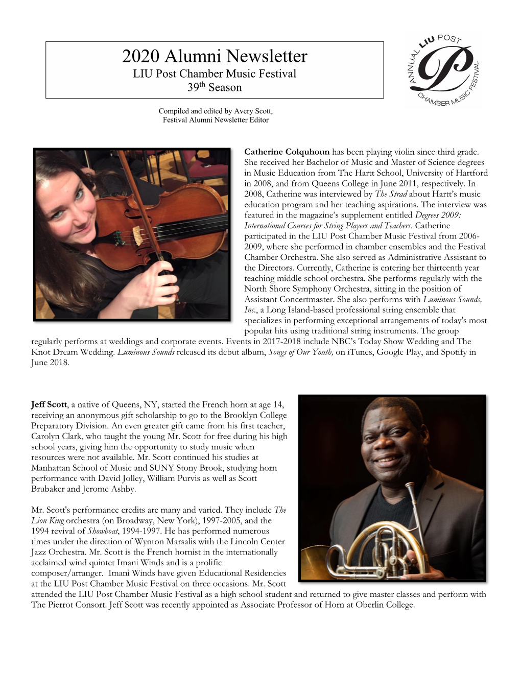 2020 Alumni Newsletter LIU Post Chamber Music Festival 39Th Season
