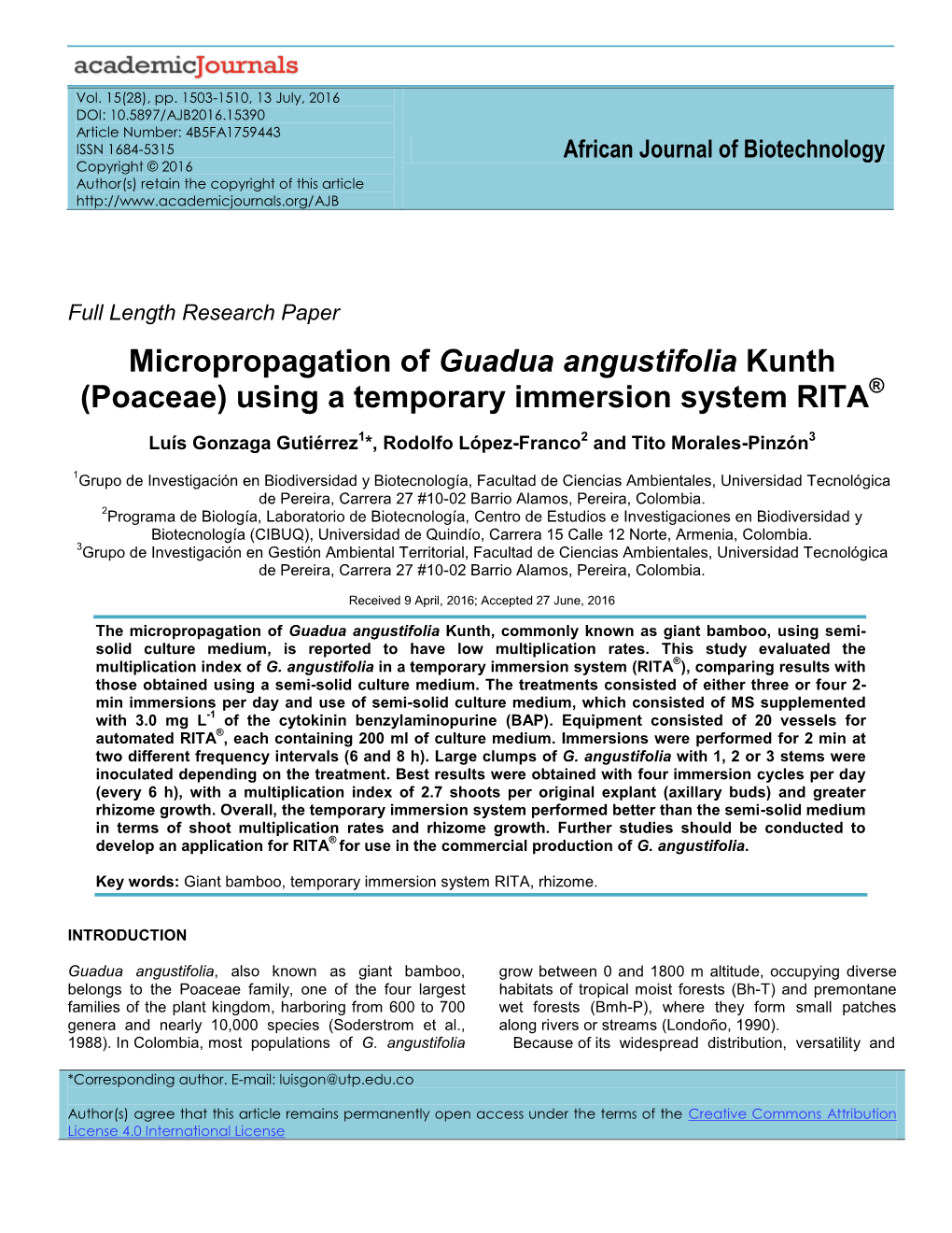 Micropropagation of Guadua Angustifolia Kunth (Poaceae) Using a Temporary Immersion System RITA®