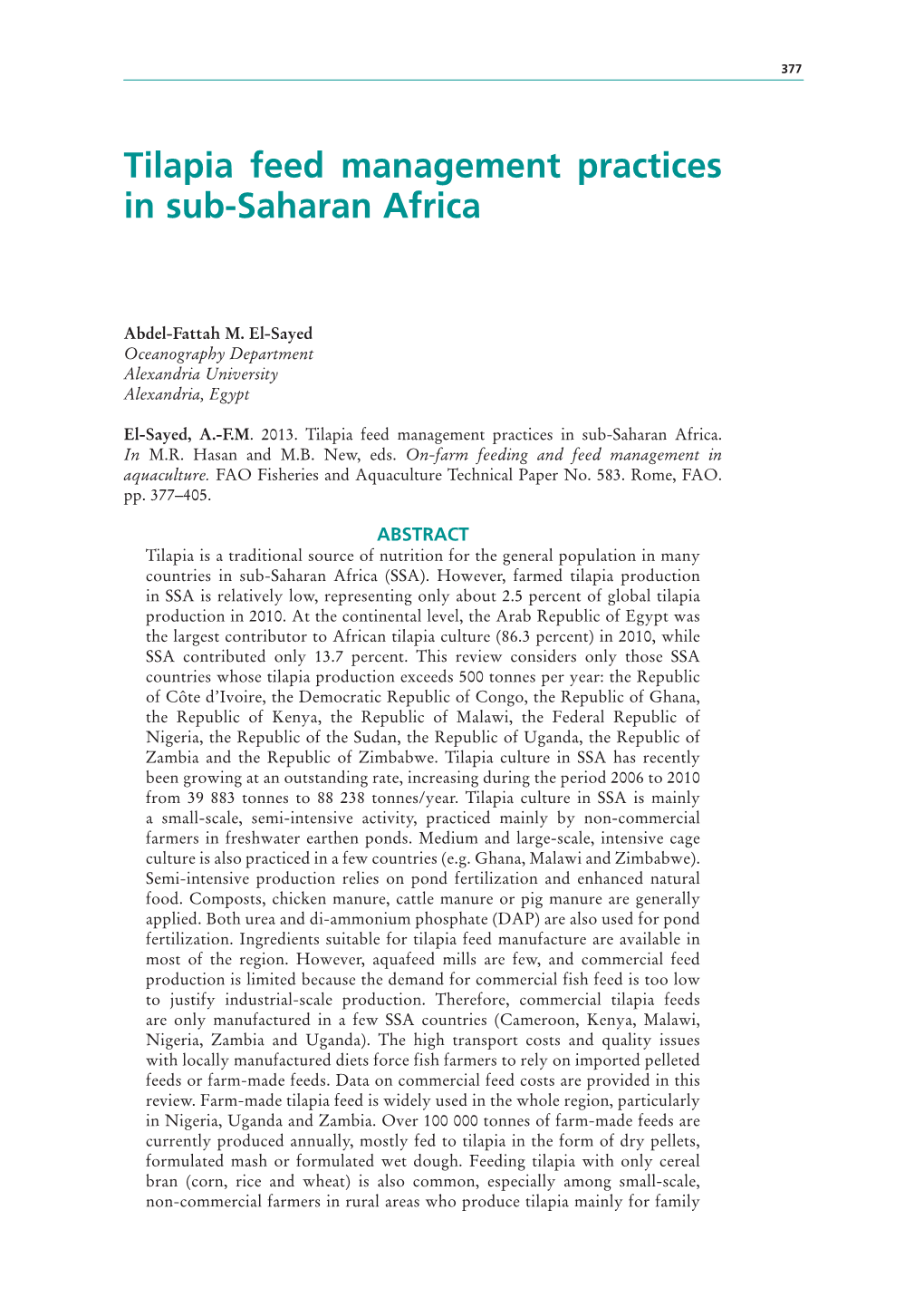 Tilapia Feed Management Practices in Sub-Saharan Africa