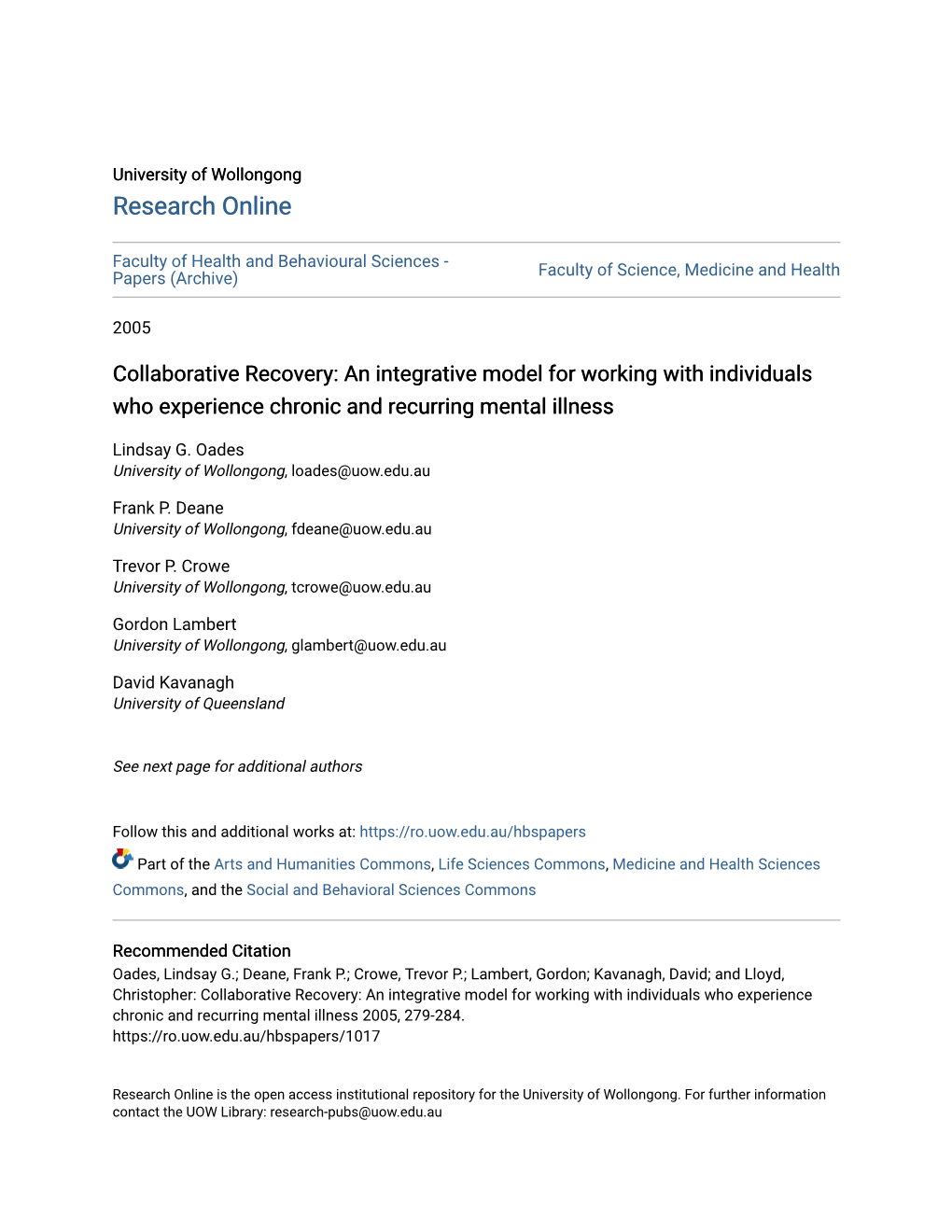 Collaborative Recovery: an Integrative Model for Working with Individuals Who Experience Chronic and Recurring Mental Illness