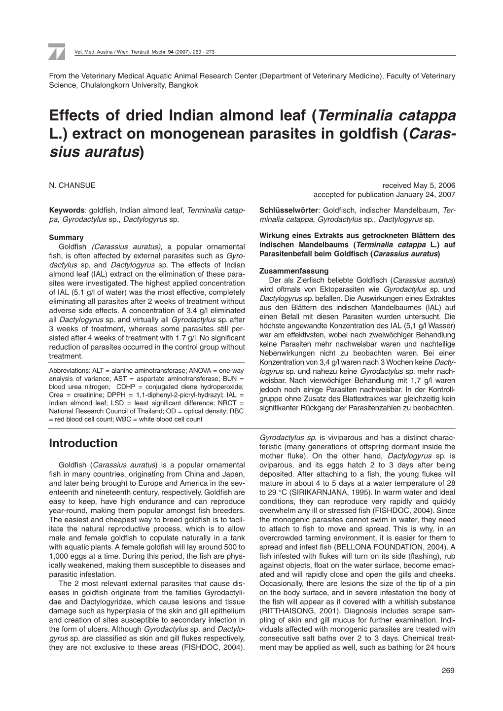 Effects of Dried Indian Almond Leaf (Terminalia Catappa L.) Extract on Monogenean Parasites in Goldfish (Caras- Sius Auratus)