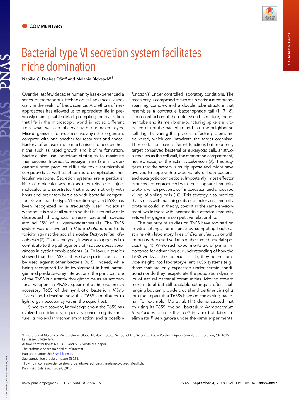 Bacterial Type VI Secretion System Facilitates Niche Domination
