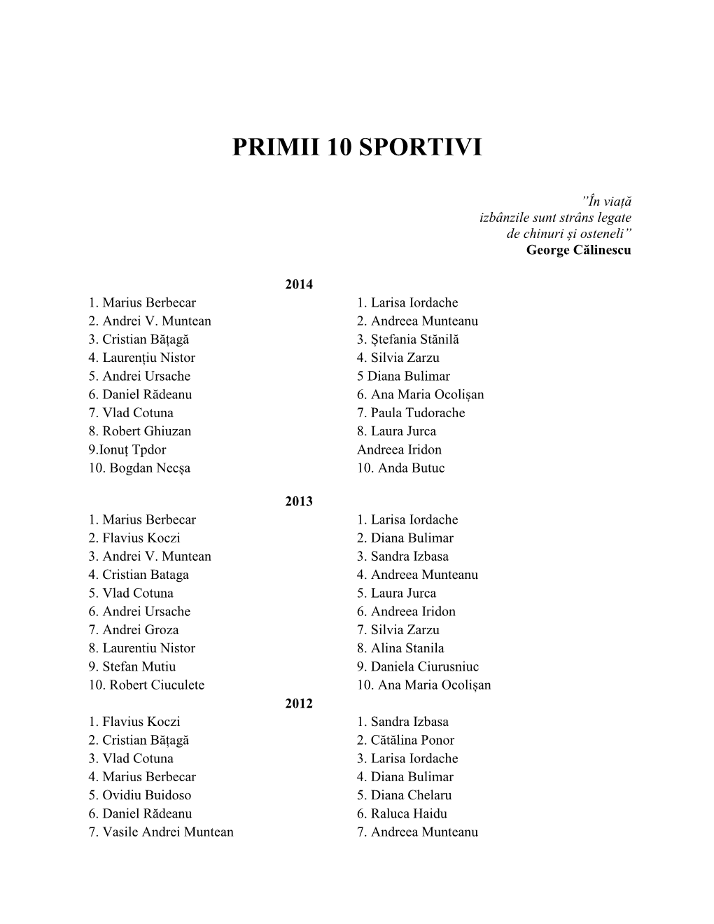 Primii 10 Sportivi 1974