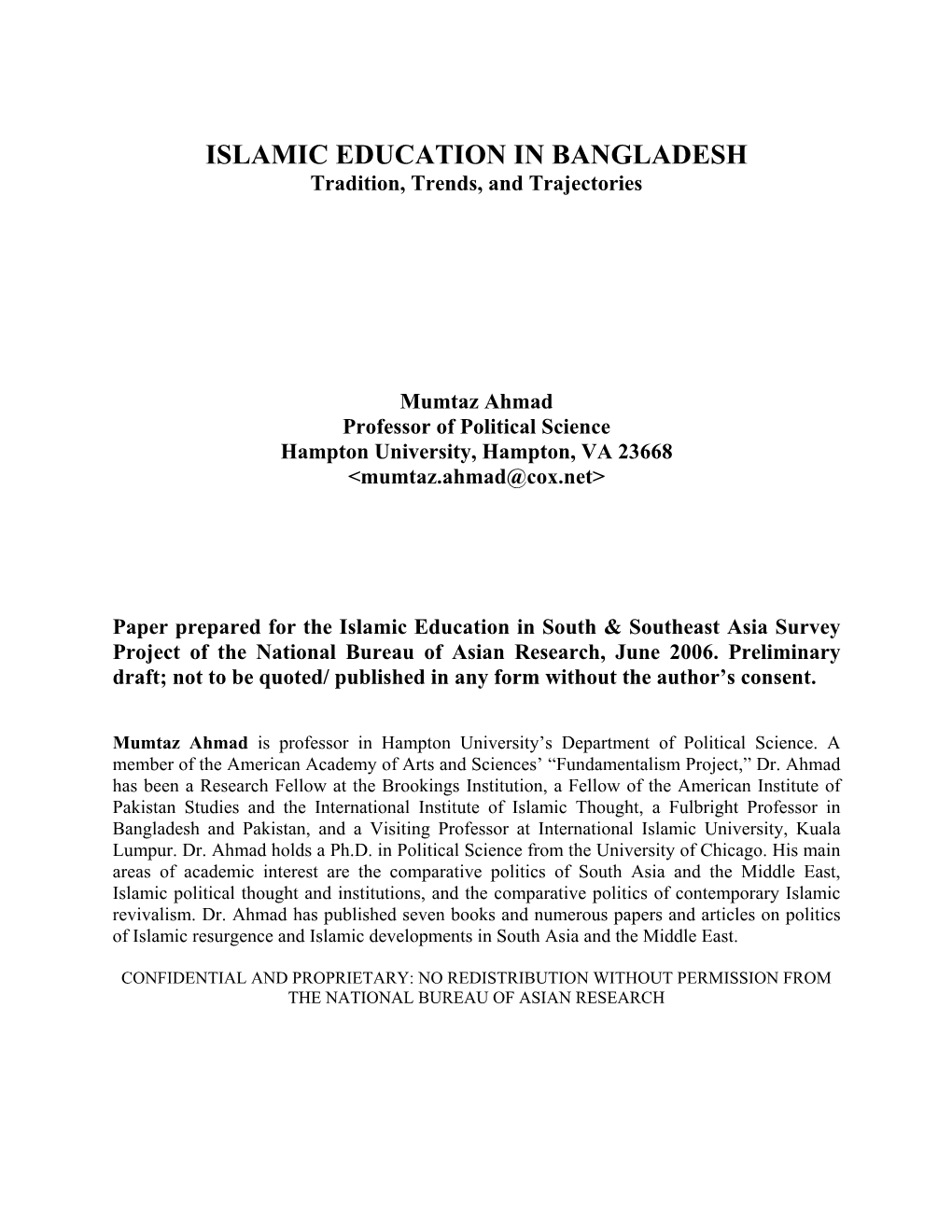 ISLAMIC EDUCATION in BANGLADESH Tradition, Trends, and Trajectories