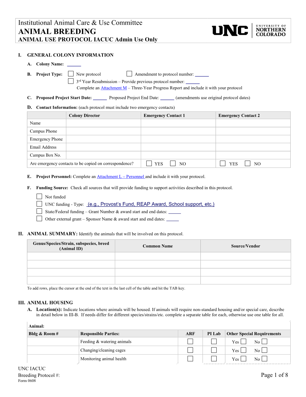 ANIMAL BREEDING ANIMAL USE PROTOCOL IACUC Admin Use Only