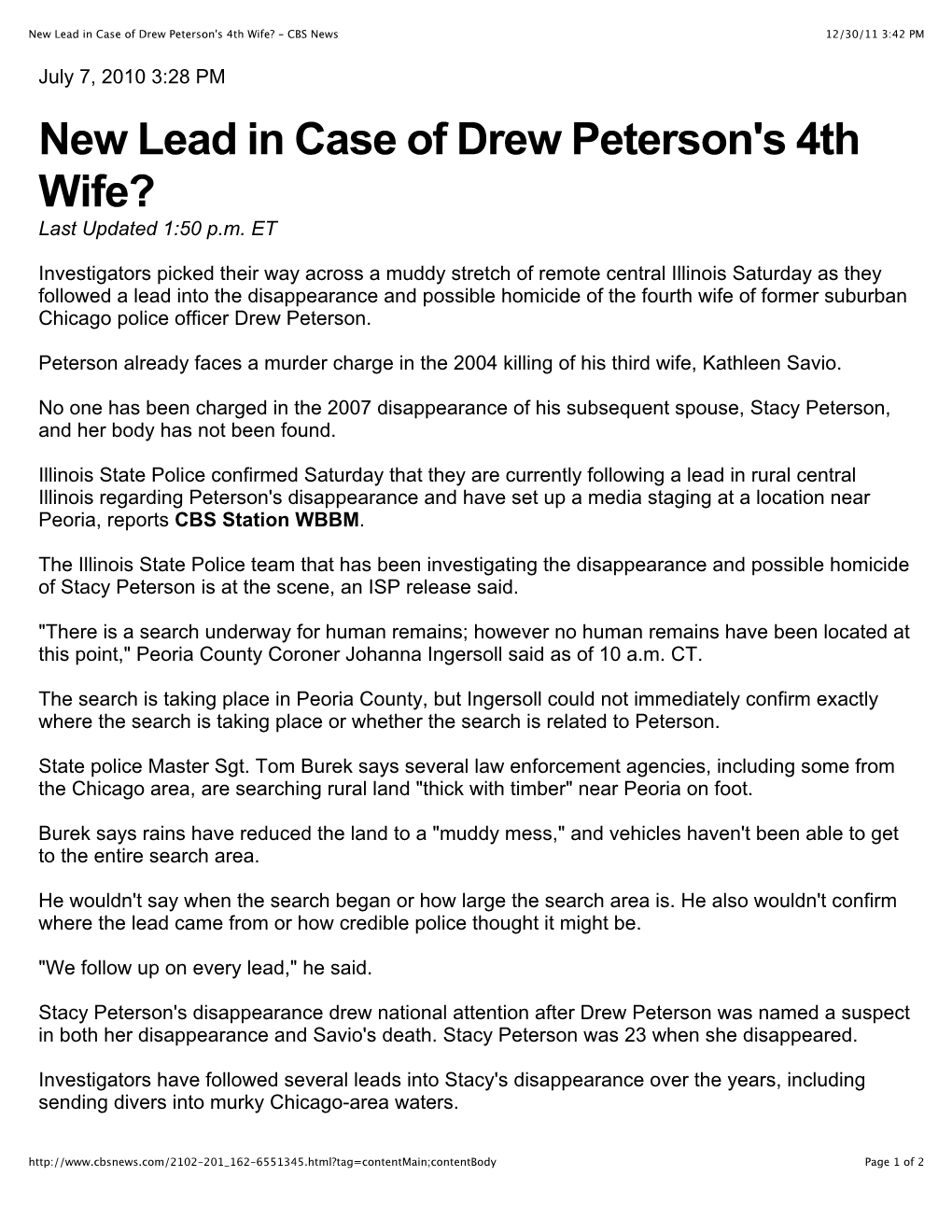 New Lead in Case of Drew Peterson's 4Th Wife? - CBS News 12/30/11 3:42 PM