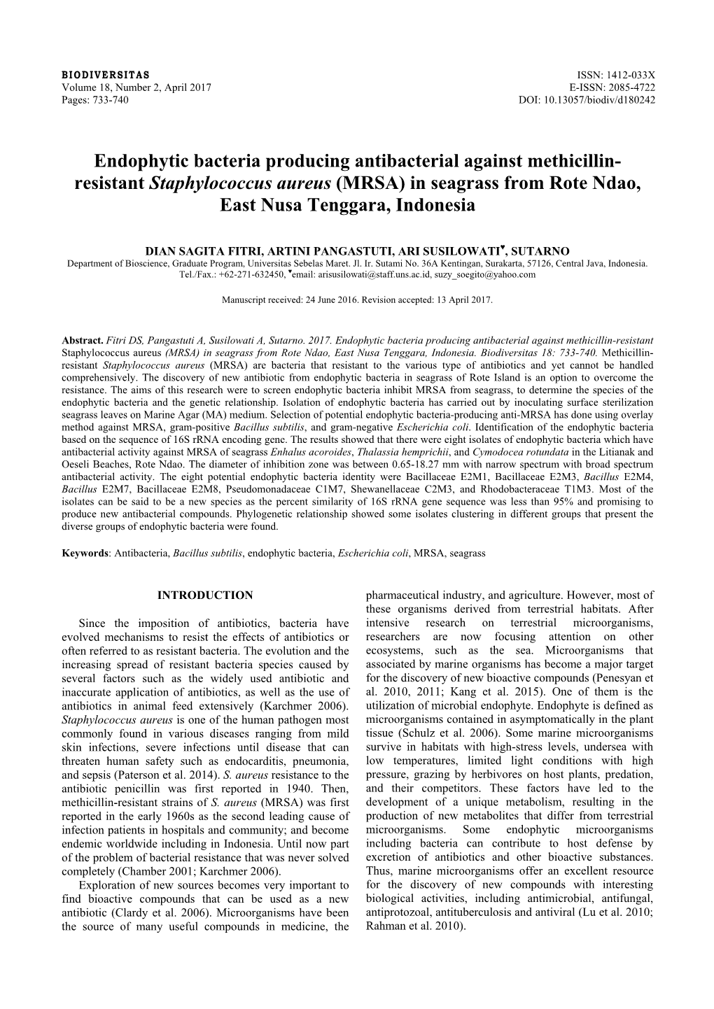 Resistant Staphylococcus Aureus (MRSA) in Seagrass from Rote Ndao, East Nusa Tenggara, Indonesia