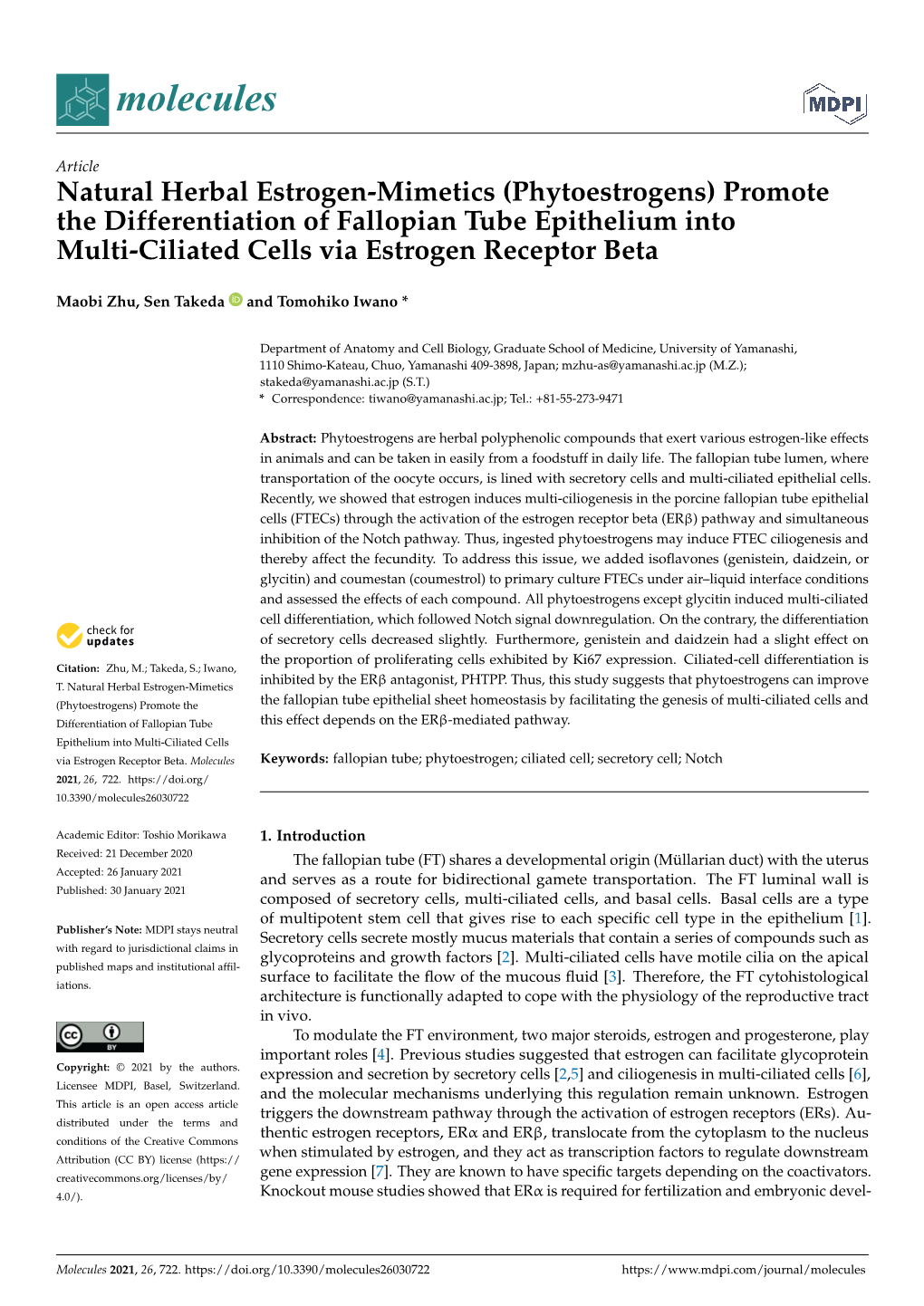 Natural Herbal Estrogen-Mimetics (Phytoestrogens) Promote the Differentiation of Fallopian Tube Epithelium Into Multi-Ciliated Cells Via Estrogen Receptor Beta