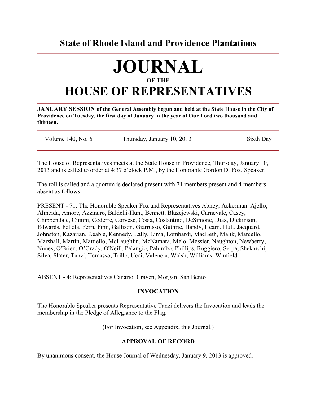 Journal -Of The- House of Representatives