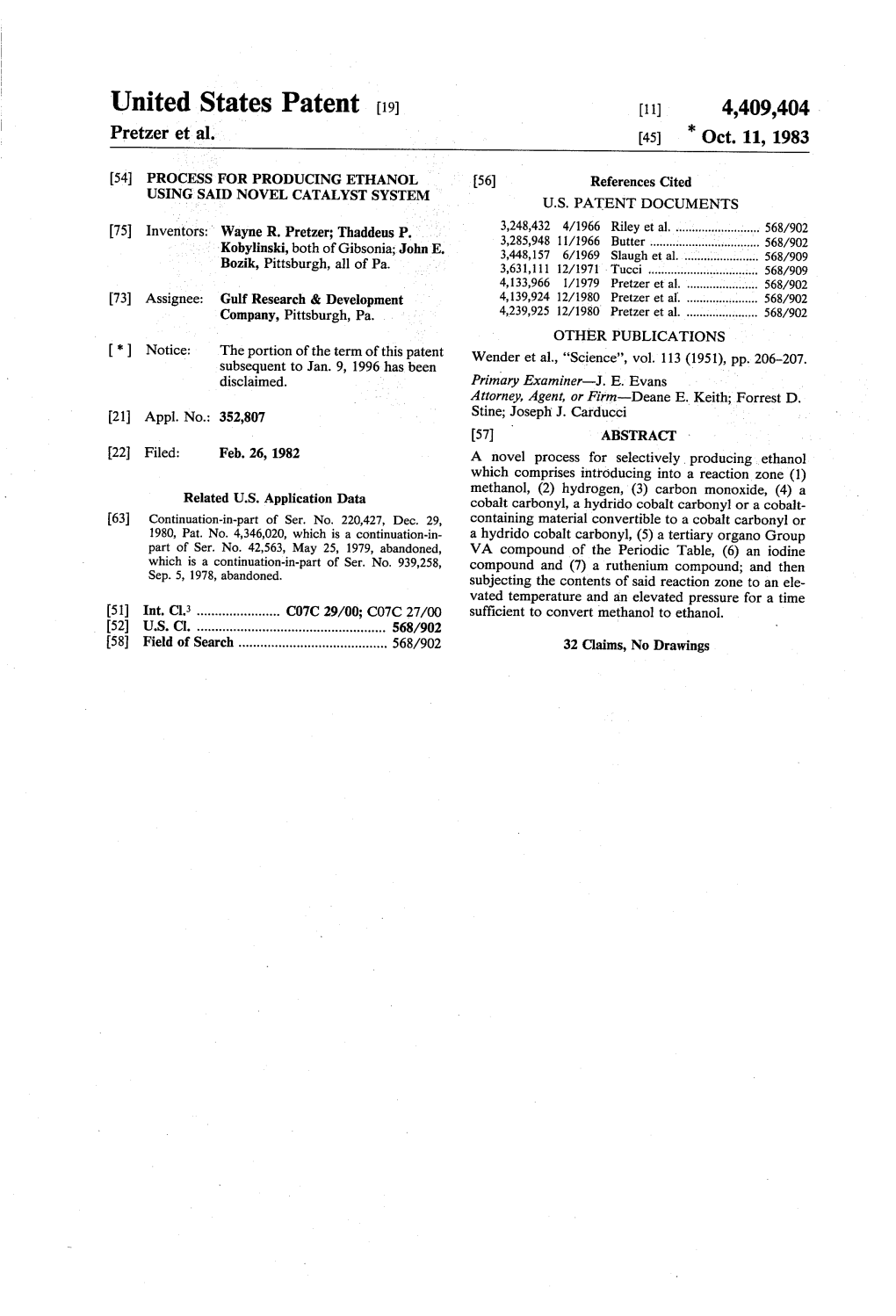 United States Patent [191 [1 1] 4,409,404 Pretzer Et Al