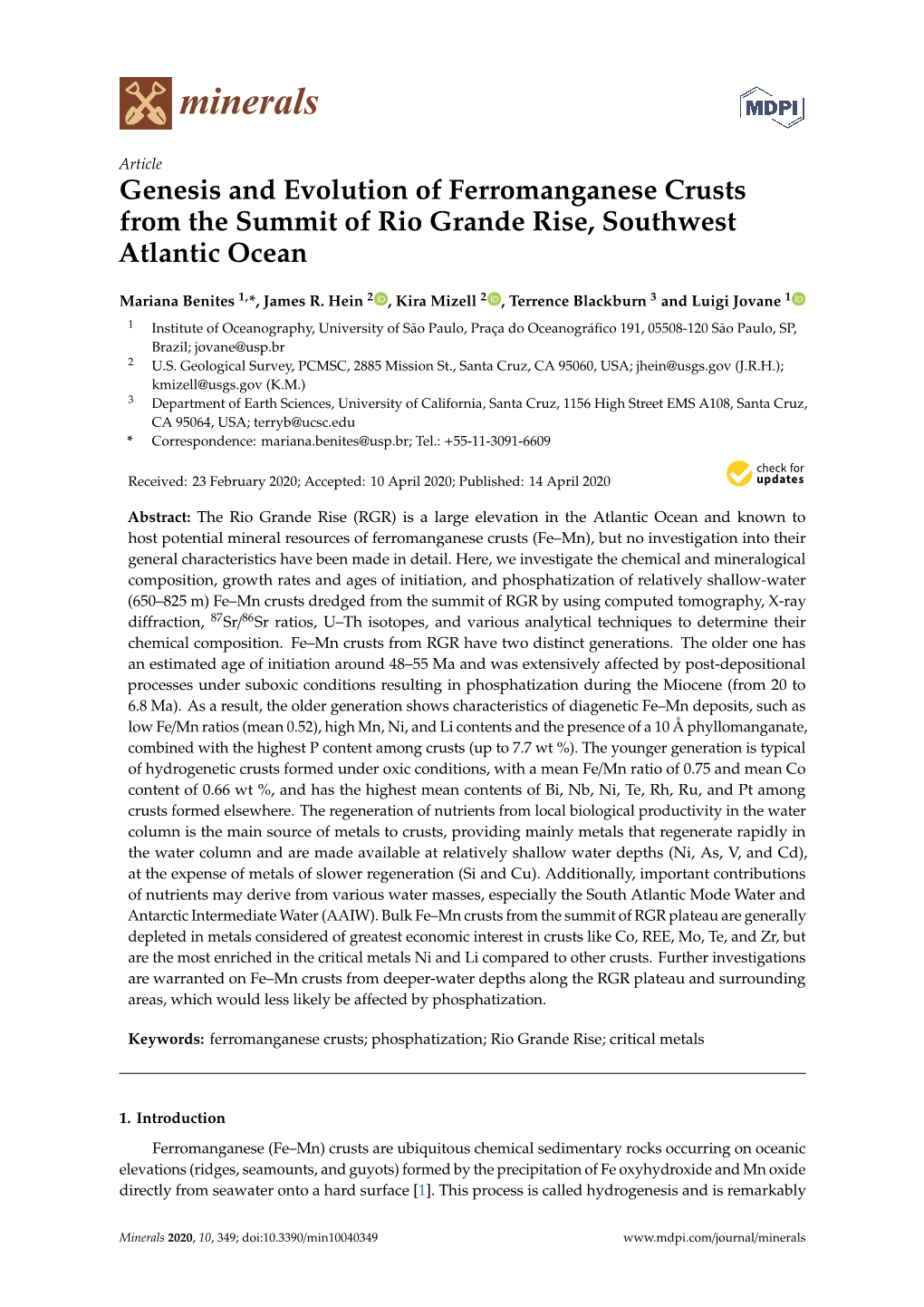 Genesis and Evolution of Ferromanganese Crusts from the Summit of Rio Grande Rise, Southwest Atlantic Ocean