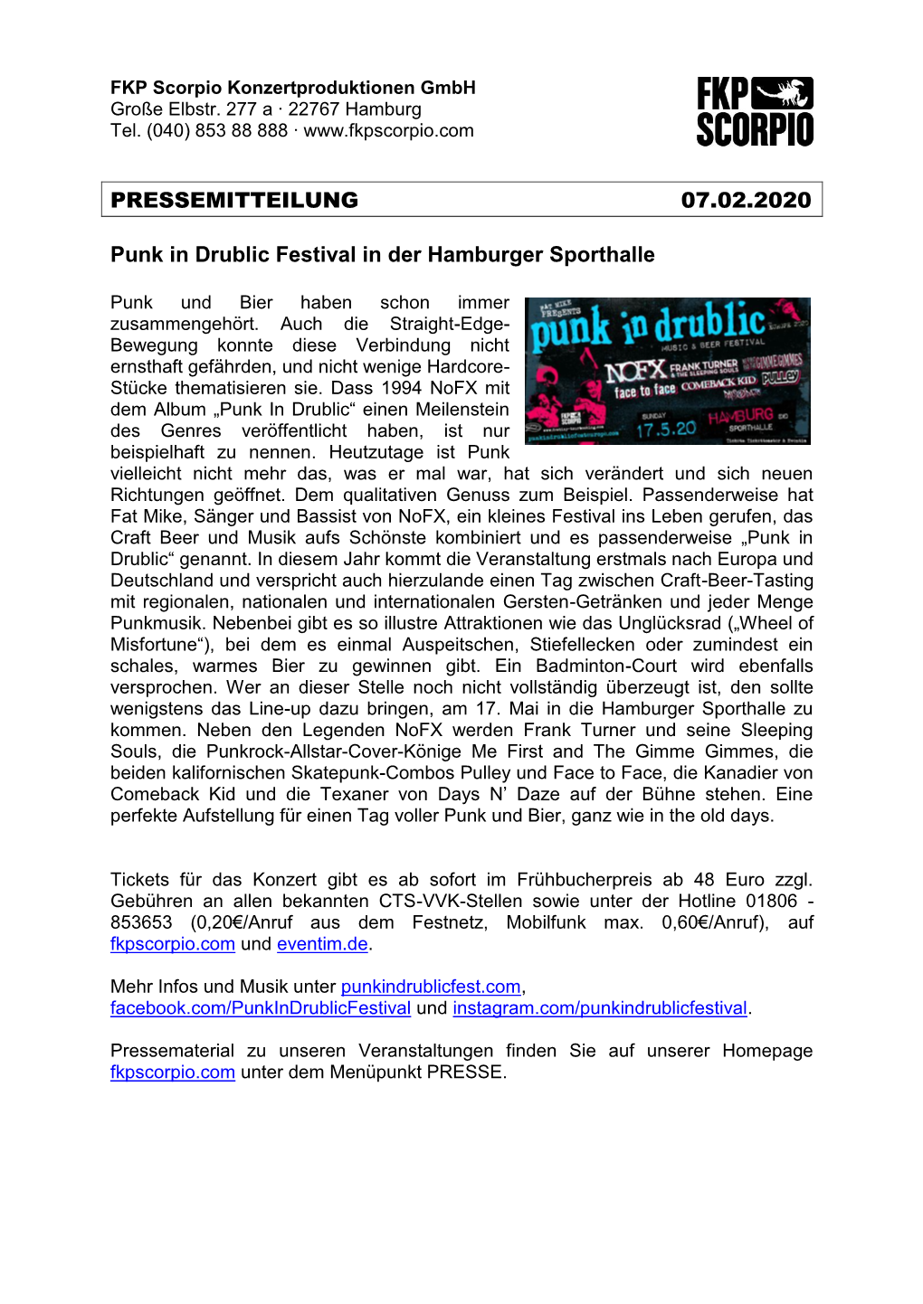 PRESSEMITTEILUNG 07.02.2020 Punk in Drublic Festival in Der