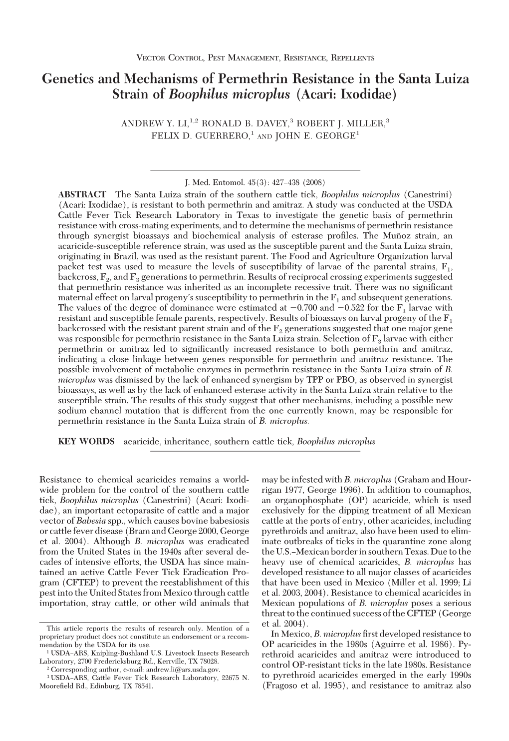 Genetics and Mechanisms of Permethrin Resistance in the Santa Luiza Strain of Boophilus Microplus (Acari: Ixodidae)