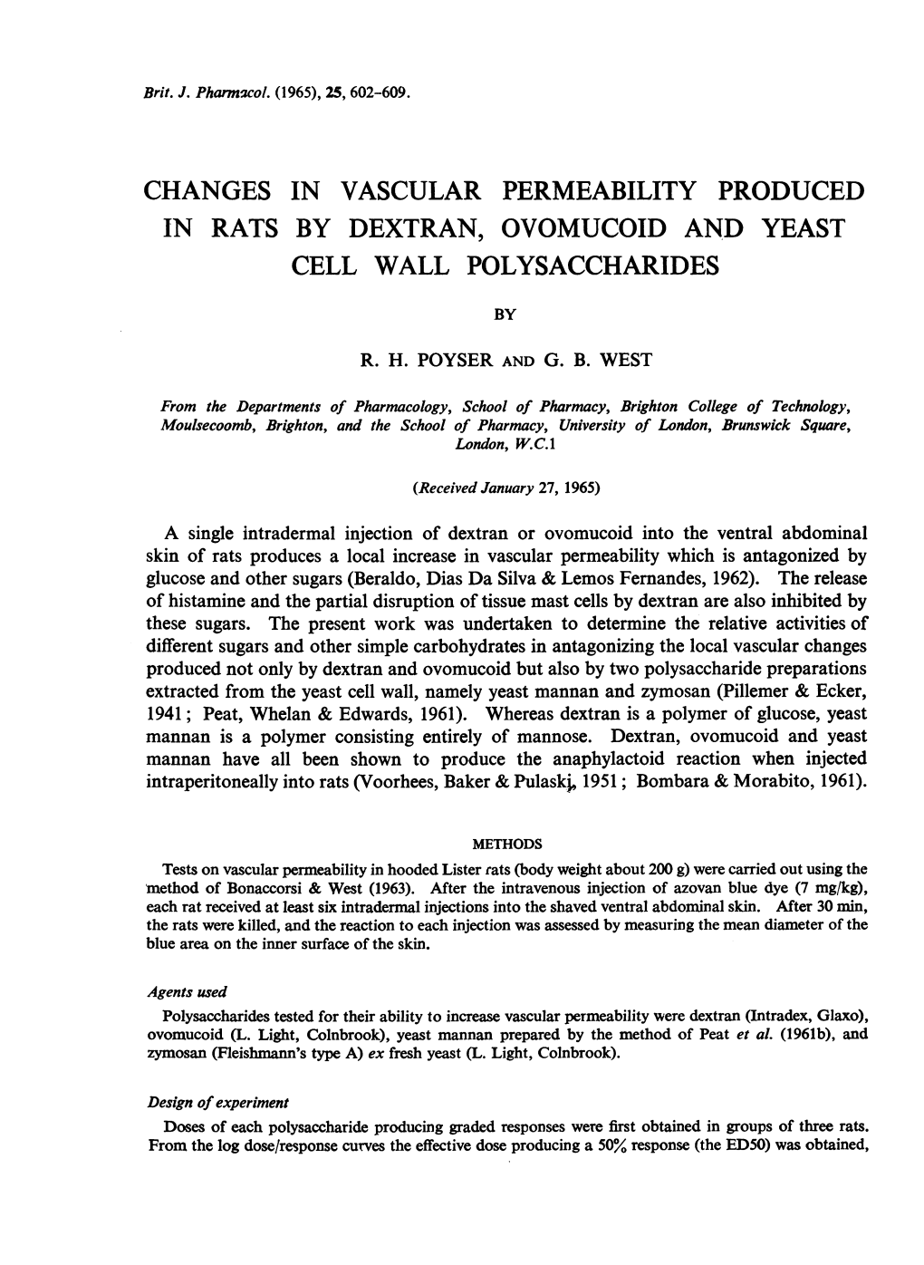 Changes in Vascular Permeability Produced in Rats by Dextran, Ovomucoid and Yeast Cell Wall Polysaccharides