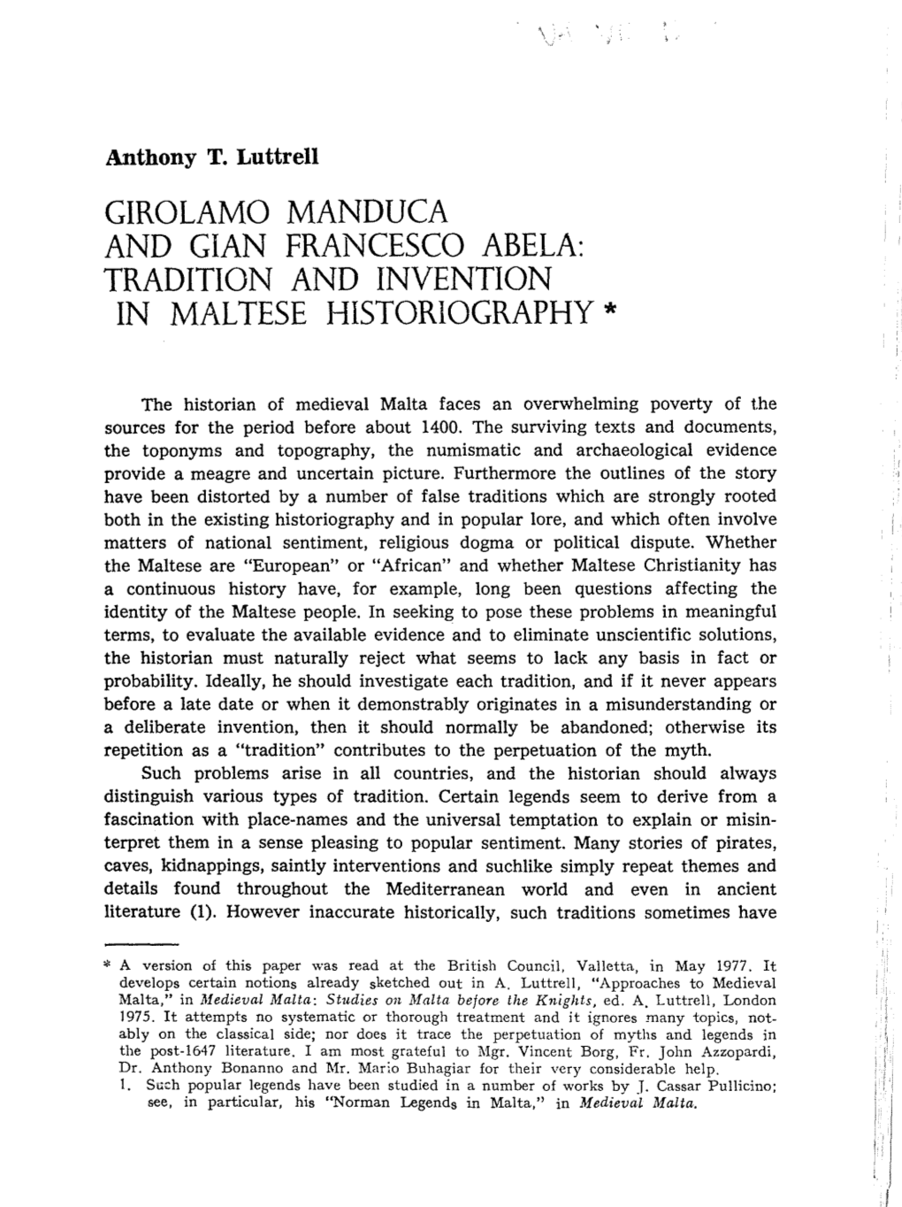 Girolamo Manduca and Gian Francesco Abela: Tradition and Invention in Maltese Historiography *