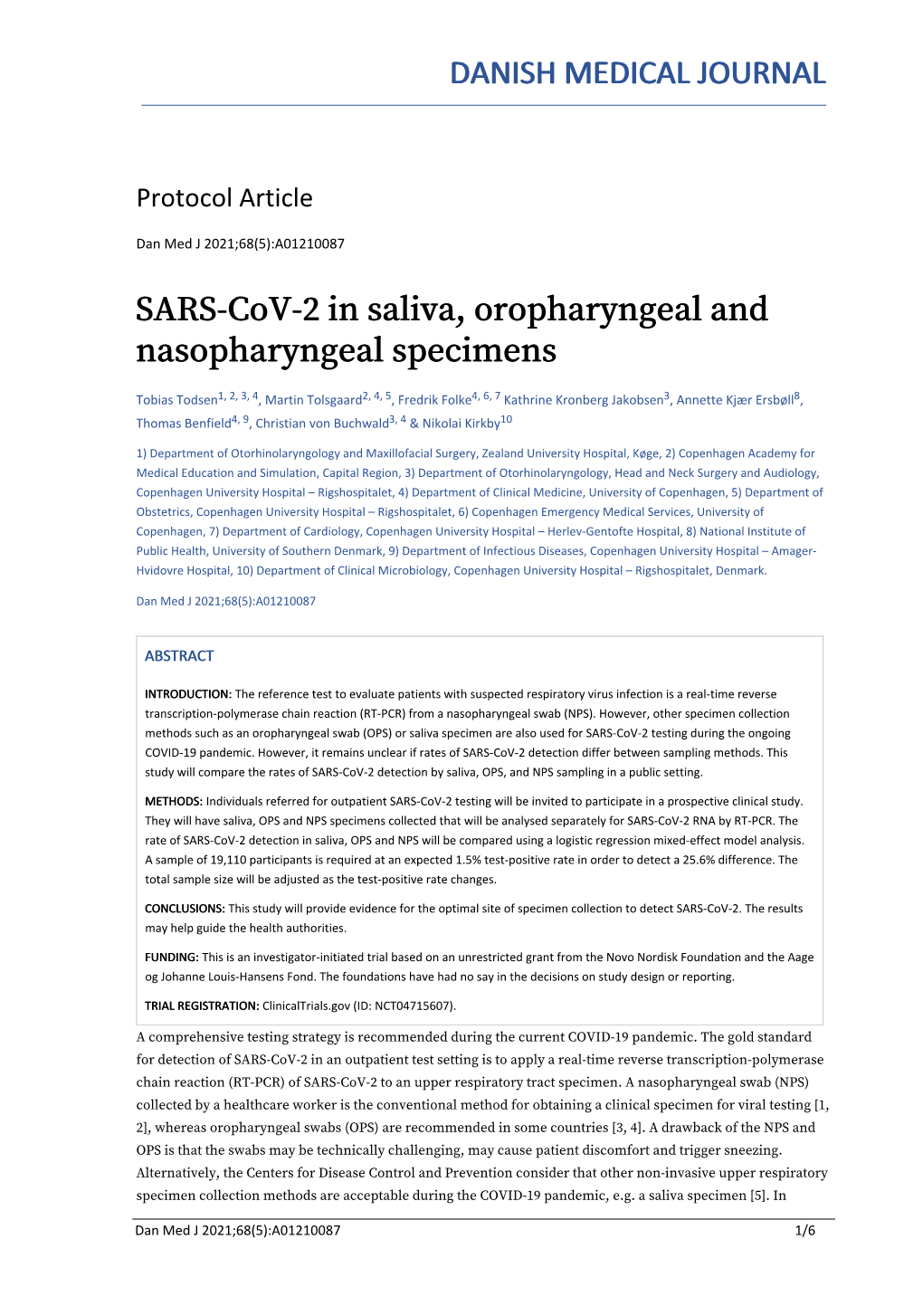 SARS-Cov-2 in Saliva, Oropharyngeal and Nasopharyngeal Specimens