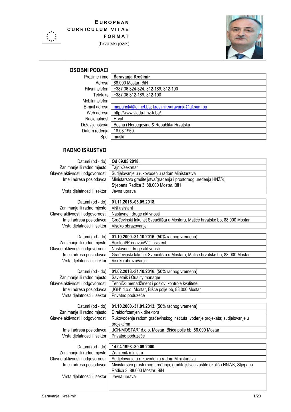 CURRICULUM VITAE FORMAT (Hrvatski Jezik)