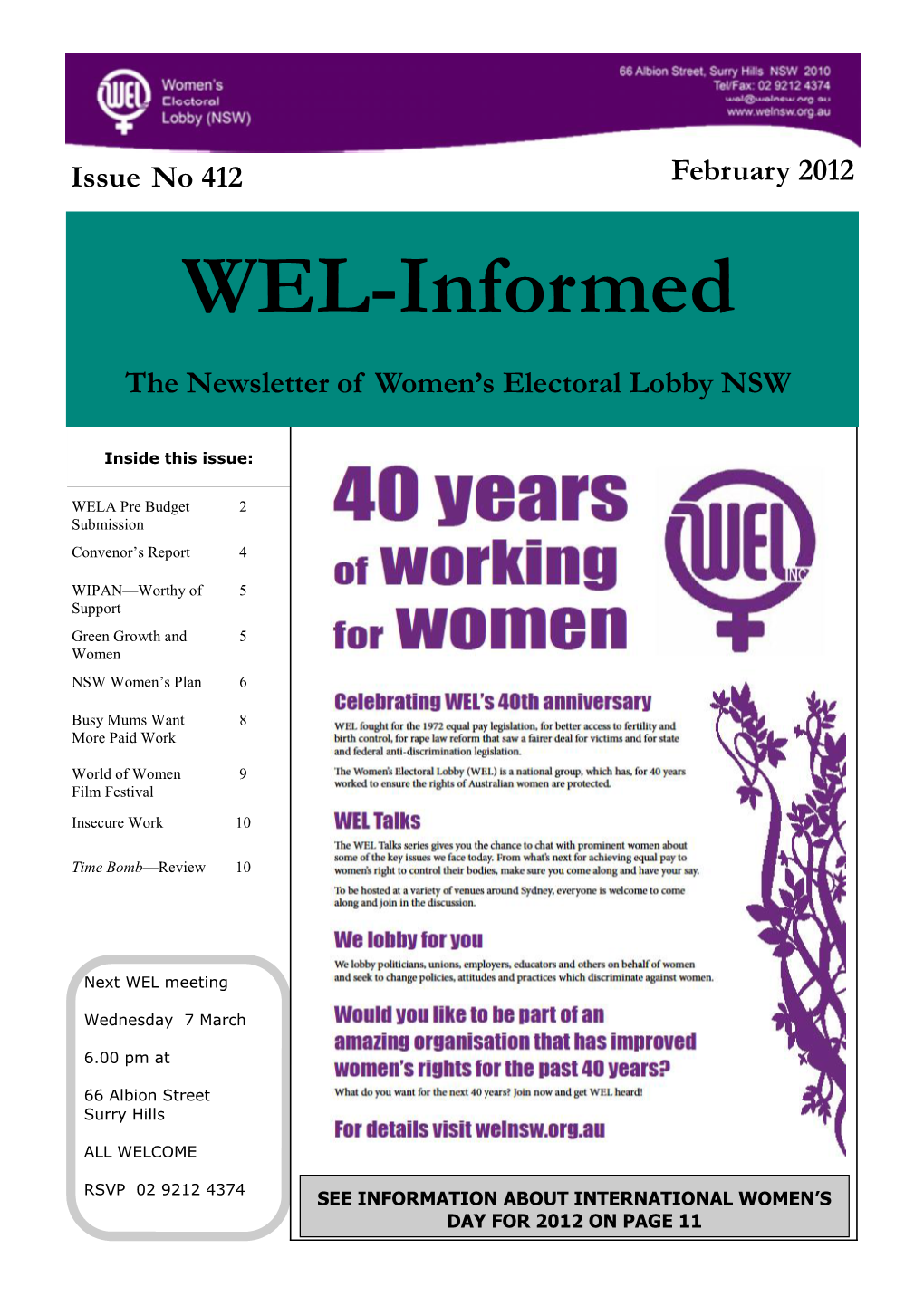 WEL-Informed the Newsletter of Women’S Electoral Lobby NSW