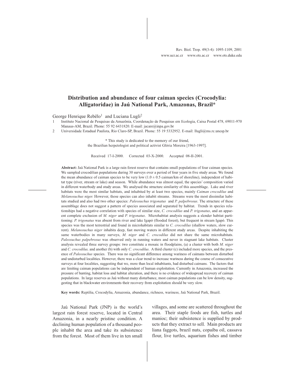 Distribution and Abundance of Four Caiman Species (Crocodylia: Alligatoridae) in Jaú National Park, Amazonas, Brazil*