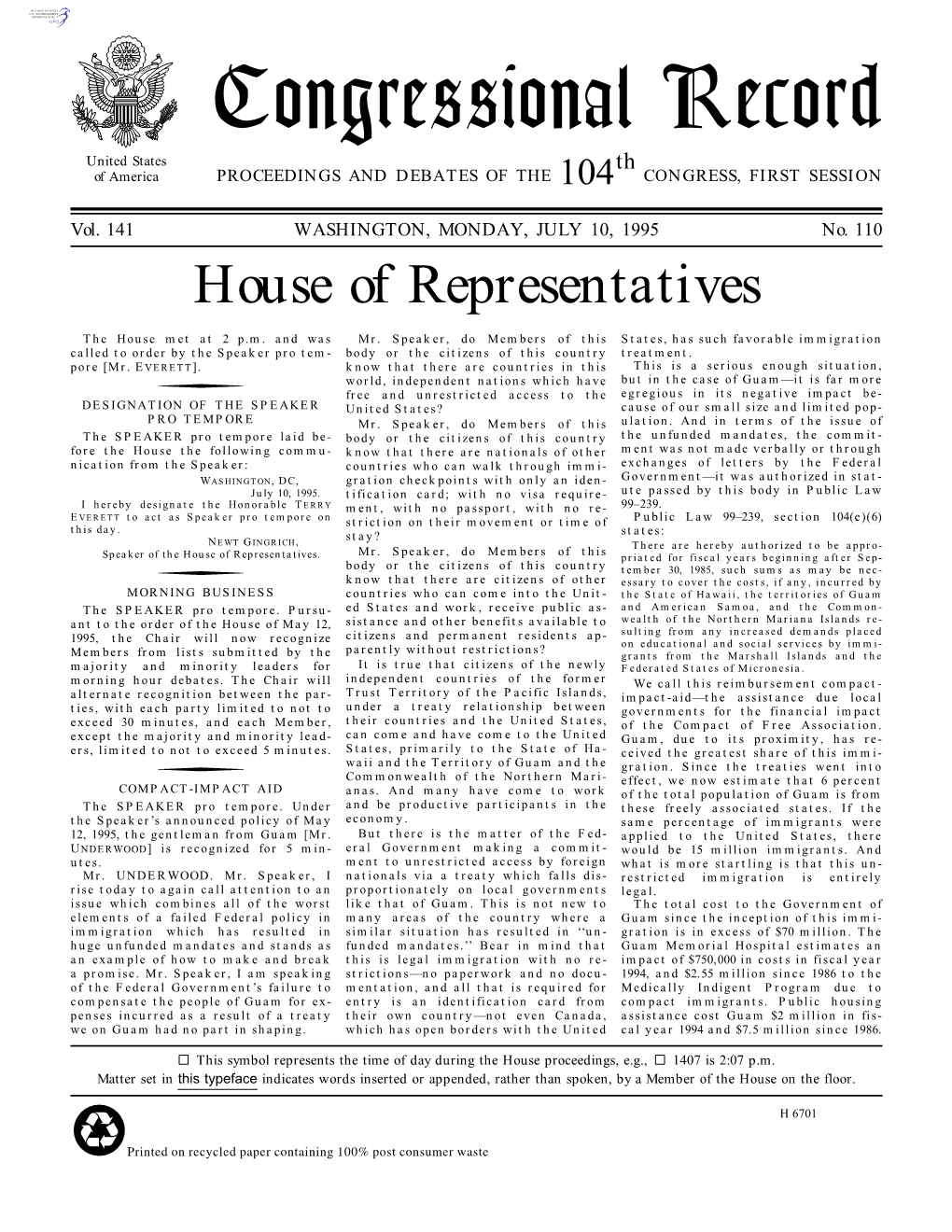 Congressional Record United States Th of America PROCEEDINGS and DEBATES of the 104 CONGRESS, FIRST SESSION