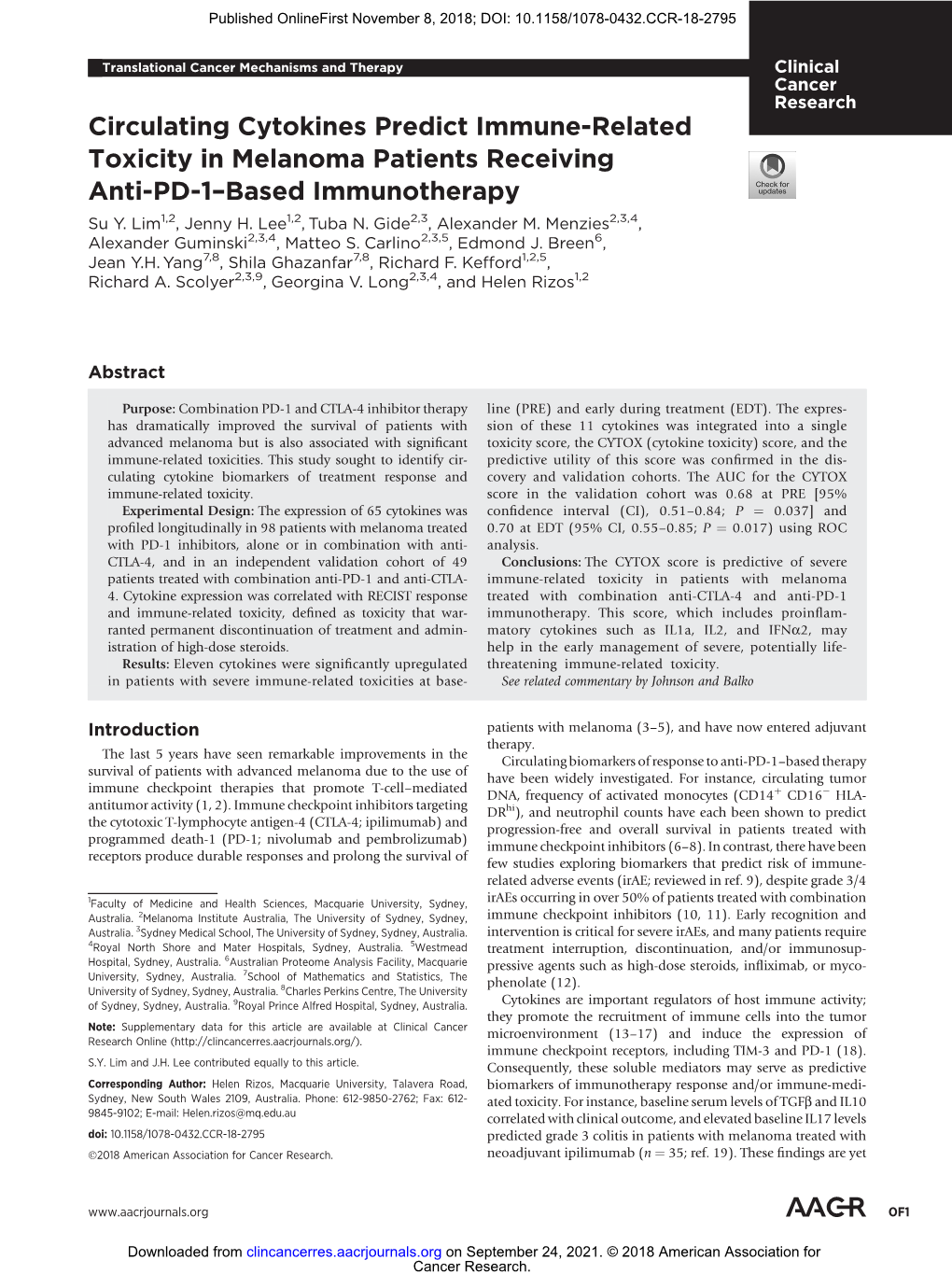 Circulating Cytokines Predict Immune-Related Toxicity in Melanoma Patients Receiving Anti-PD-1–Based Immunotherapy Su Y