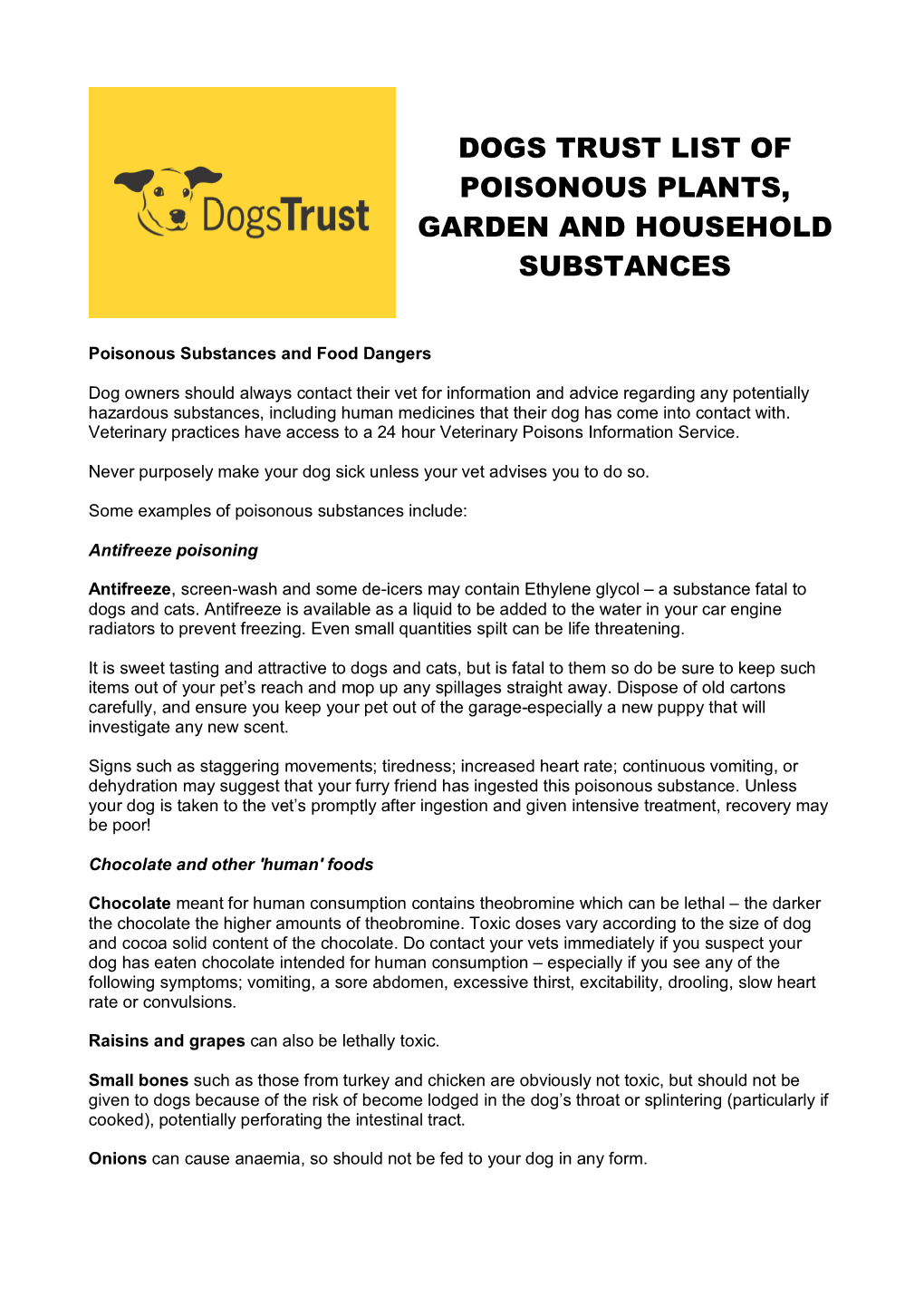 Dogs Trust List of Poisonous Plants, Garden and Household Substances