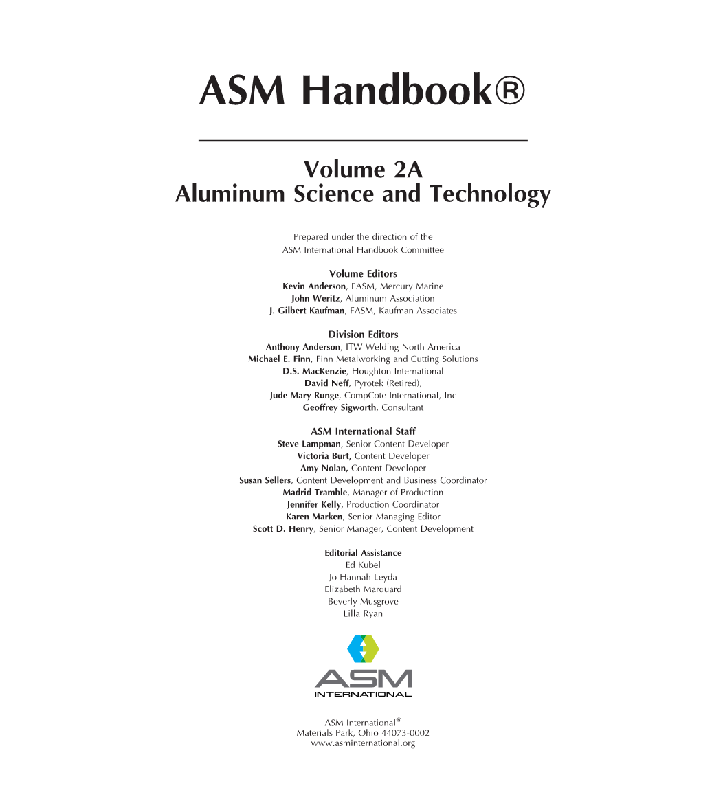 ASM Handbook, Volume 2A: Aluminum Science and Technology