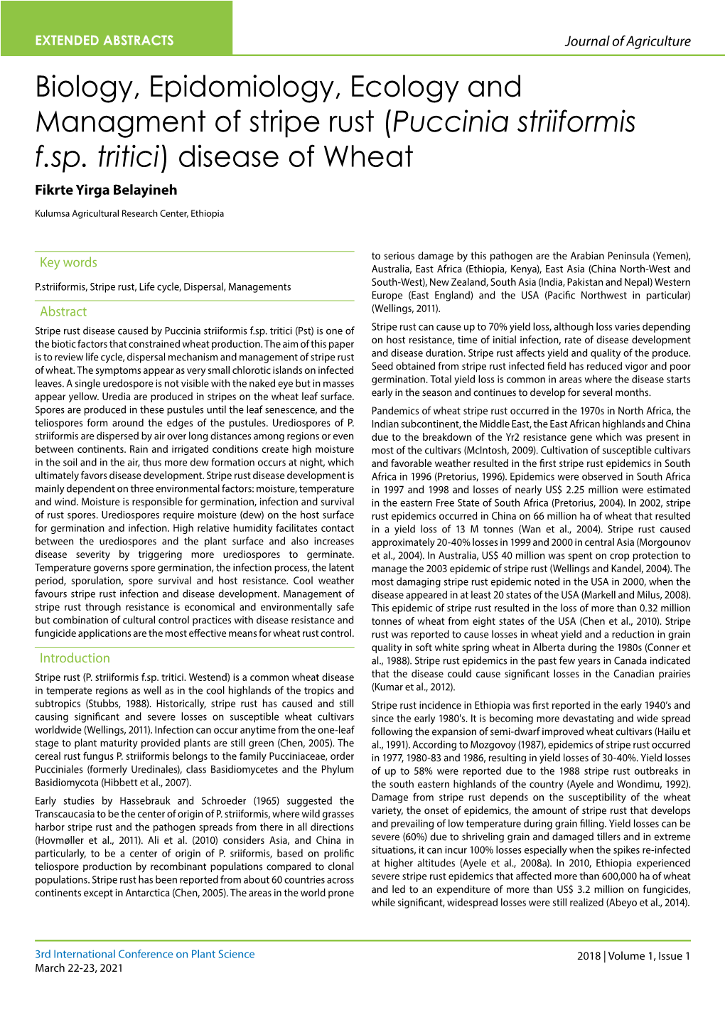 (Puccinia Striiformis F.Sp. Tritici) Disease of Wheat Fikrte Yirga Belayineh